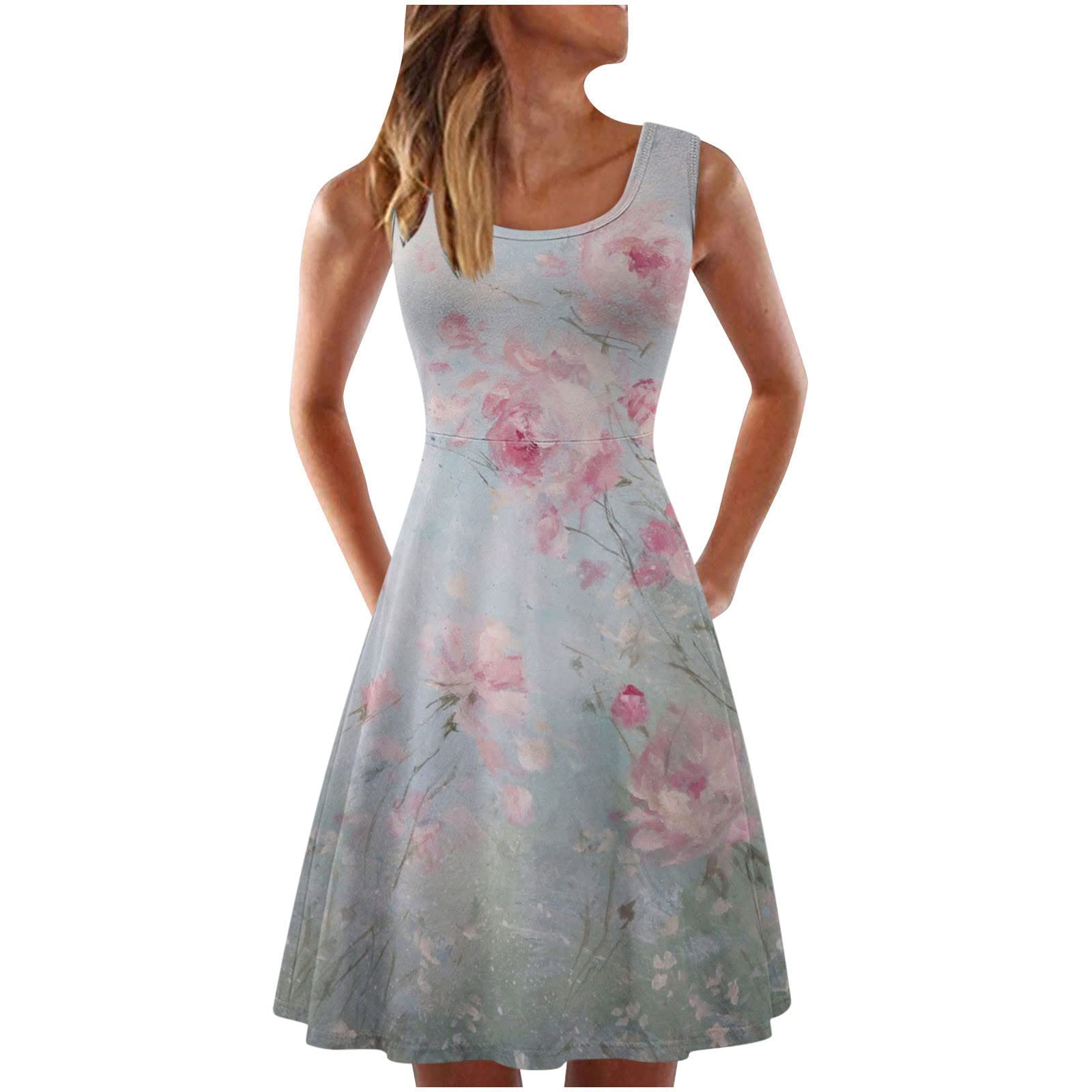 Women's Floral Sleeveless A-Line Midi Dress - Summer Scoop Neck Casual Sun Dress with Pleated Flowy Loose Fit - Perfect for Beach Vacations, Garden Parties & Everyday Wear