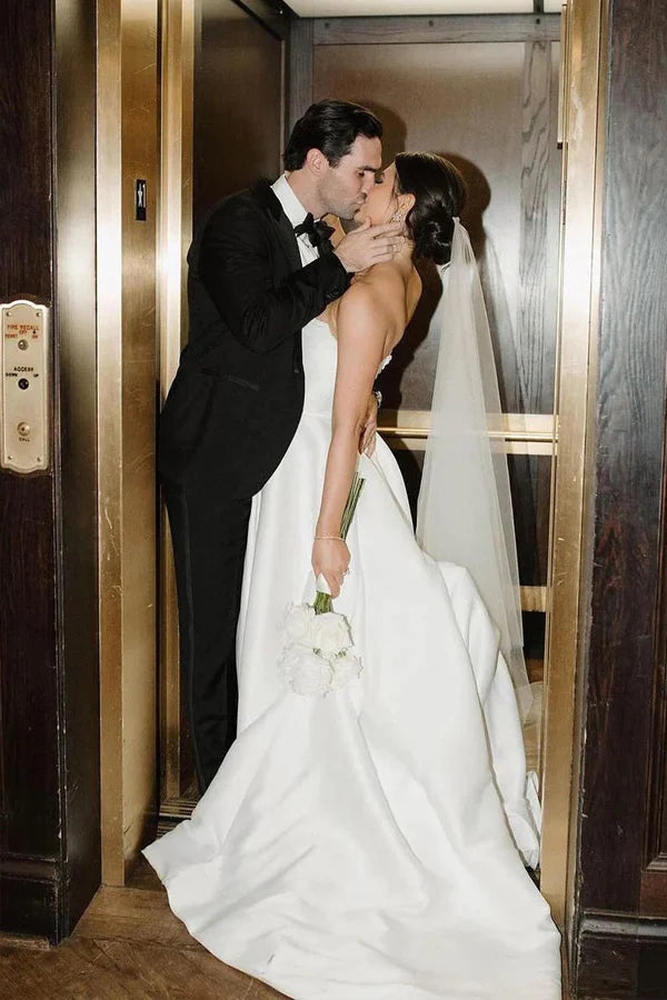 Elegant A-Line Strapless White Satin Wedding Gown with Thigh High Slit - Perfect for Bridal Ceremony, Vow Renewal & Formal Evening Events
