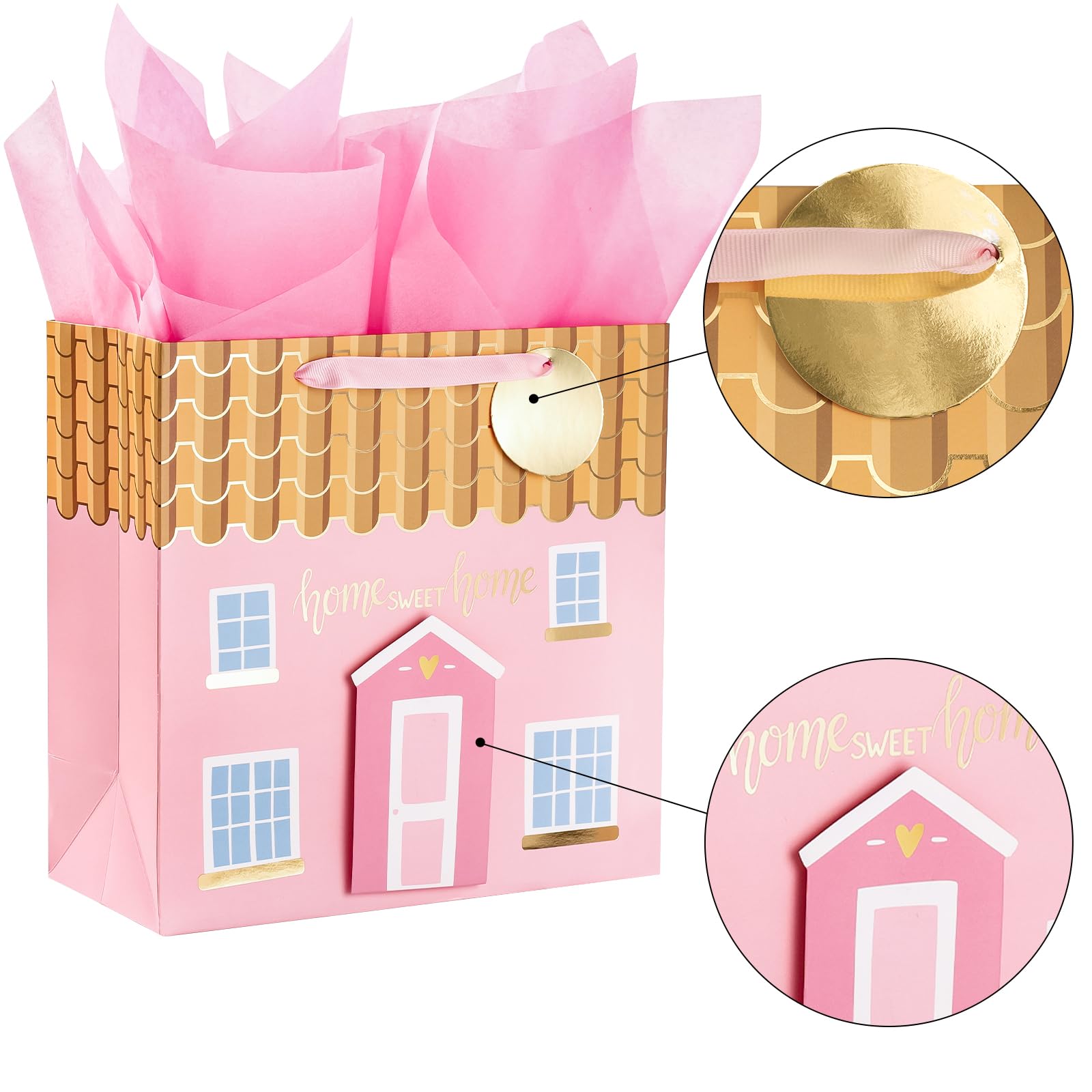 LeZakaa 10.4 Inch Pink House-Shaped Gift Bag Set with Tissue Paper, Gift Tag & Card - 3D House Sticker for Housewarming, New Home Gifts | Perfect for Welcome Parties, Bridal Showers & Holiday Present Exchanges