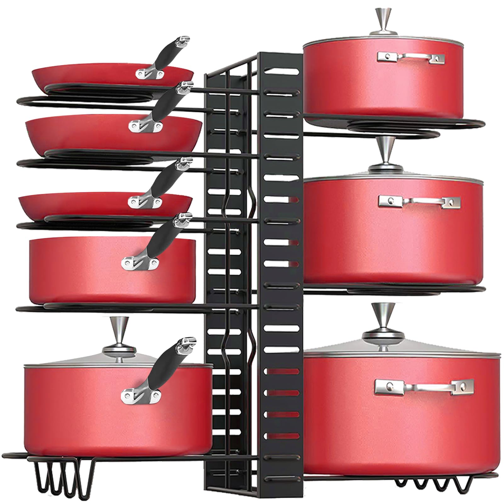 Adjustable 8-Tier Under Cabinet Pot and Pan Organizer - 3 DIY Installation Methods, Enhanced Balance for Kitchen Storage - Perfect for Small Spaces, Apartment Kitchens, and Organized Cooking