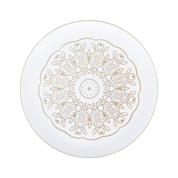 20-Pack White and Gold Round Plastic Dinnerware Set - Elegant Medallion Design for 10 Guests - Perfect for Weddings, Parties, and Formal Events