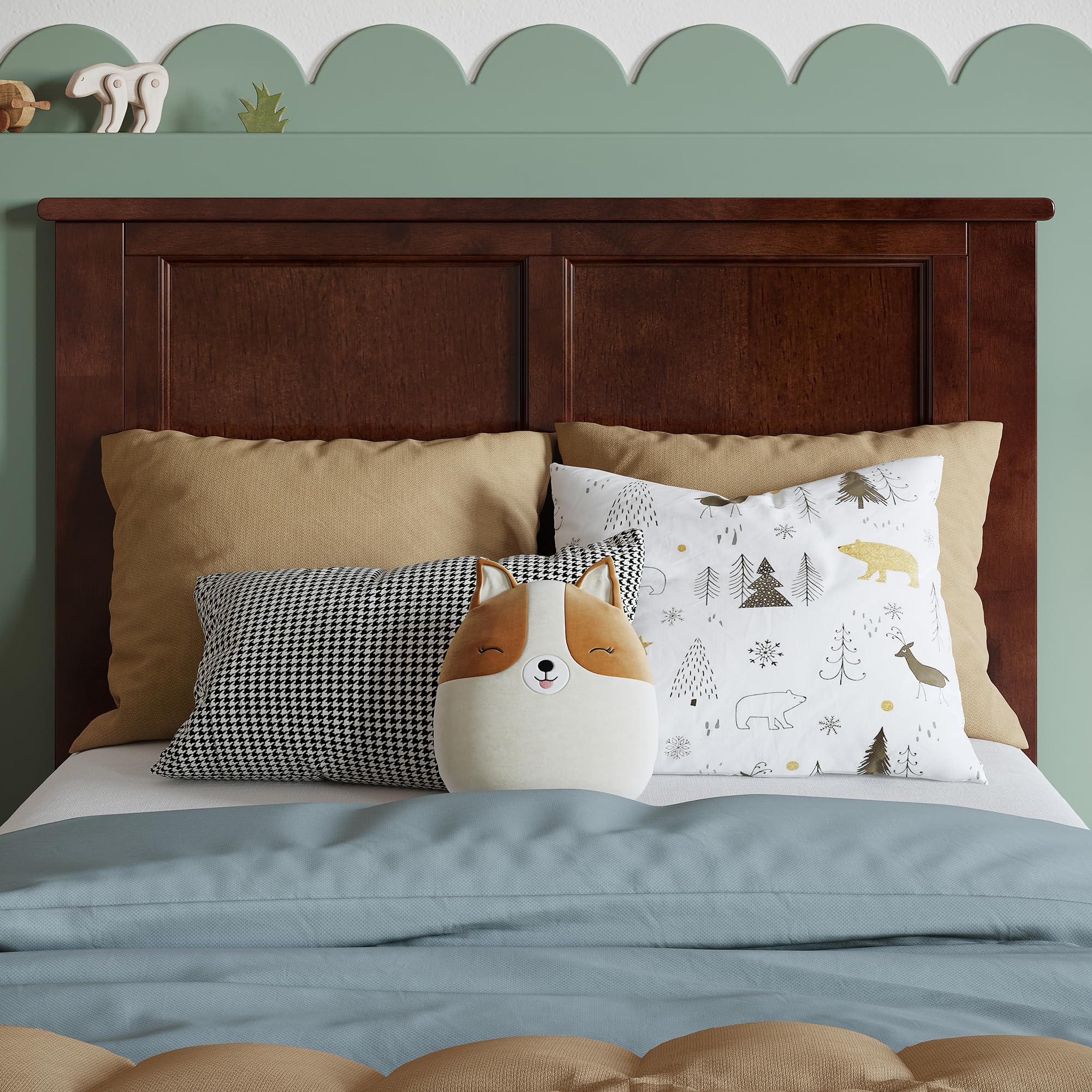 AFI Madison Twin Solid Wood Panel Headboard with USB Charging Ports - Walnut Finish - Modern Bedroom Furniture for Small Spaces & Guest Rooms