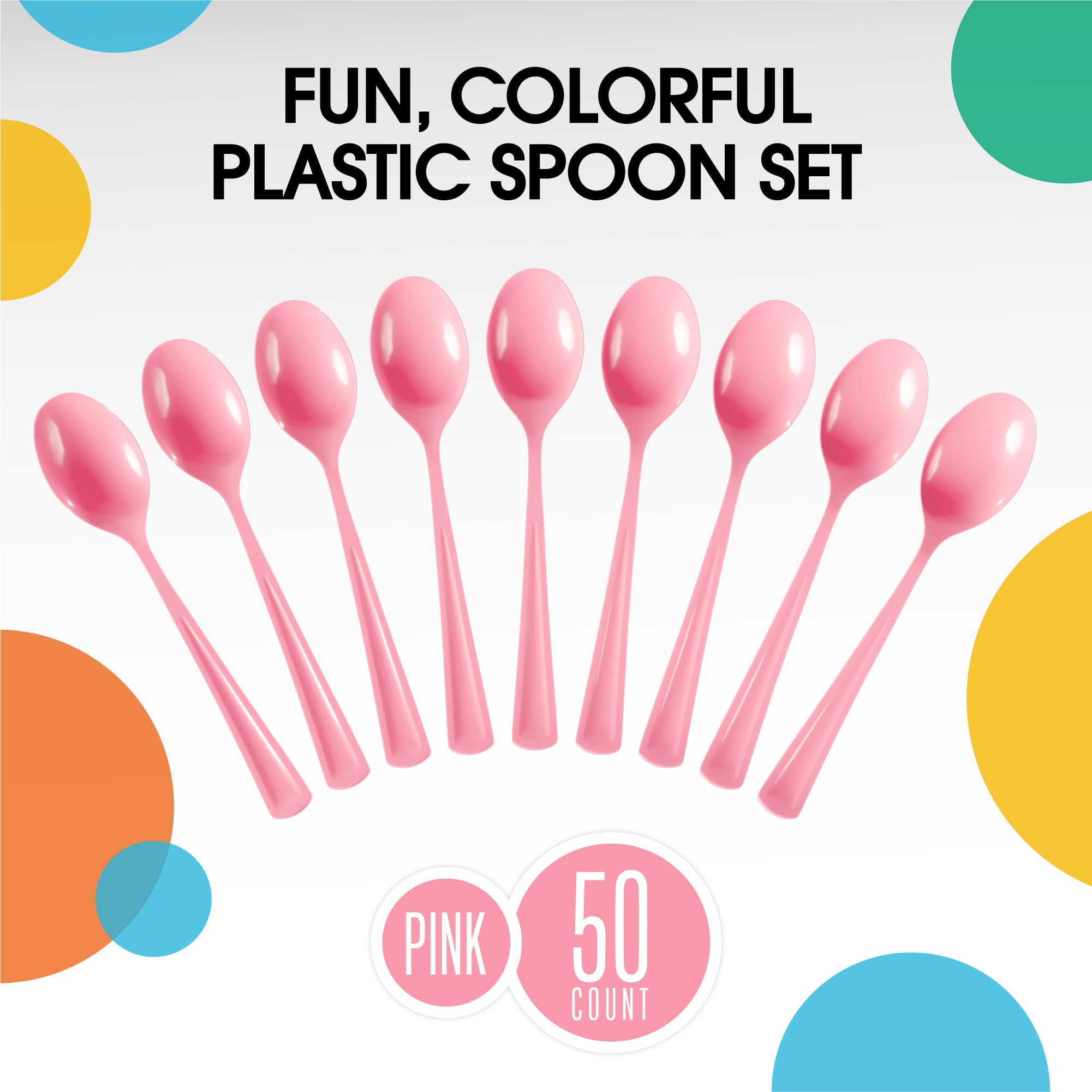 50 Pack Heavy Duty Pink Plastic Spoons - Disposable Cutlery Set for Parties, Picnics, BBQs & Events - Durable Flatware & Silverware for Home, Office & Outdoor Dining