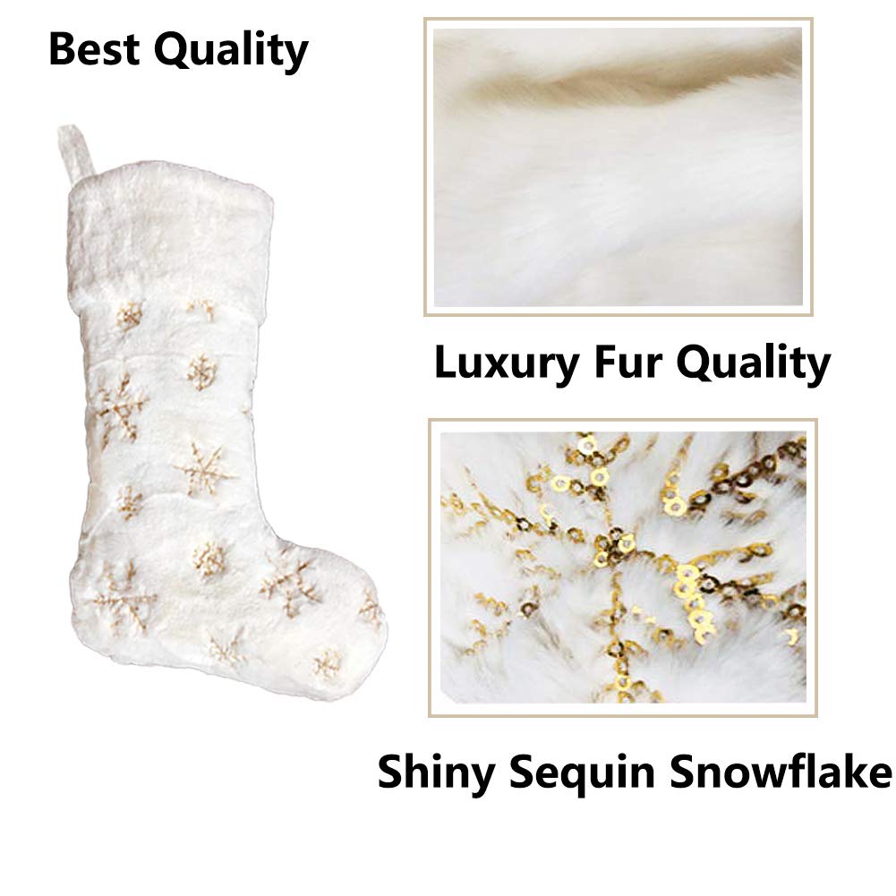 AOGU 3 Pack 22 Inch Faux Fur Sequin Snowflake Christmas Stockings - Snowy White Holiday Stockings with Gold Accents for Hanging Decor, Candy Gifts & Festive Home Decorations | Perfect for Fireplace Mantel, Tree Decor, and Christmas Party Favors