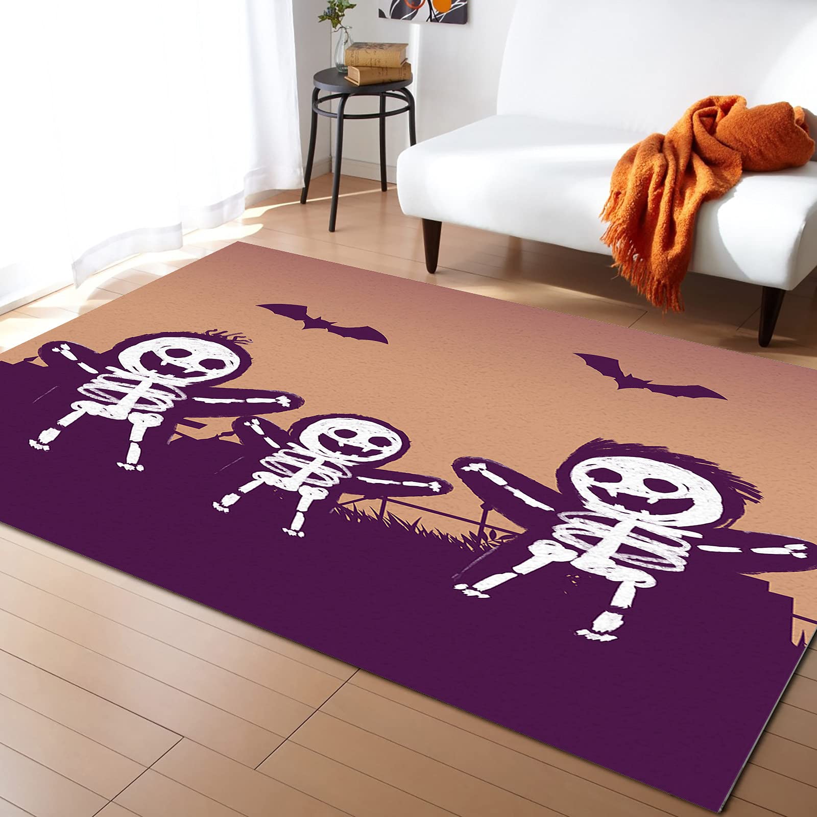 4'x6' Halloween Skeleton Bat Area Rug - Non-Slip Washable Indoor/Outdoor Carpet for Living Room, Bedroom, Nursery, Office, Kitchen & Patio - Perfect for Spooky Decor, Home Theater & Halloween Parties