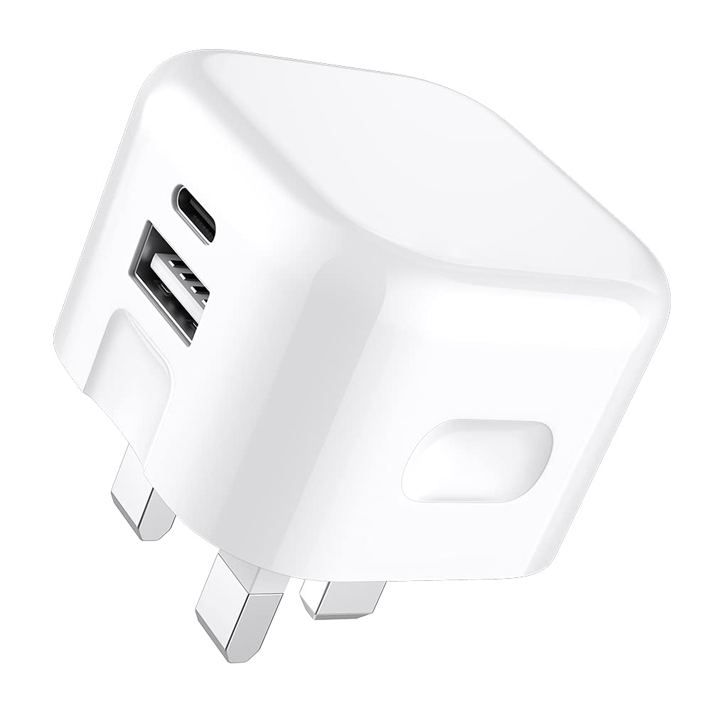 20W Fast Charger UK Plug - Dual USB-C Ports for iPhone SE 2022/SE 2020/SE/XS/XS Max/XR/X/8/8 Plus/7/7 Plus/6/6s/5/5s/5c - White Power Adapter | Perfect for Home, Office & Travel Charging