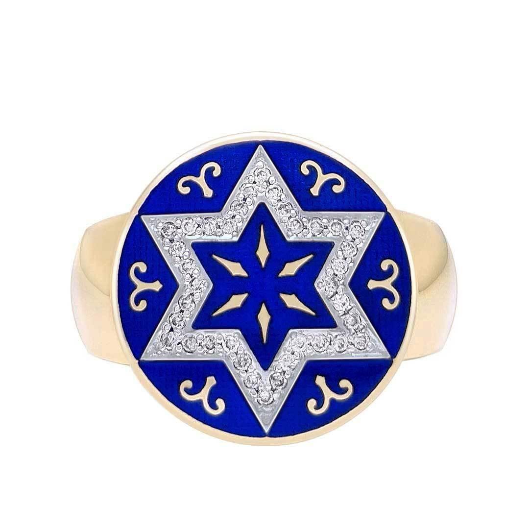 14K Gold Star of David Ring with 36 Diamonds & Blue Enamel - Elegant Jewish Jewelry for Hanukkah, Weddings & Special Occasions