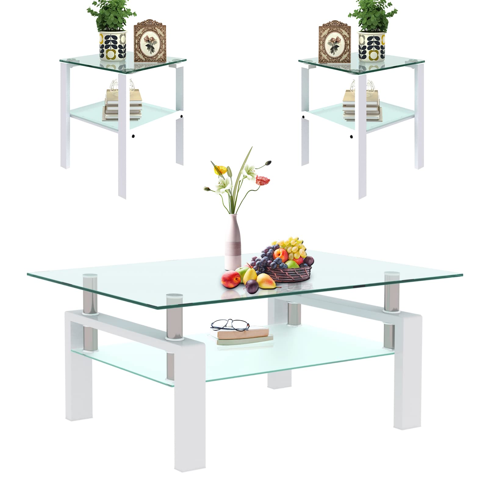 Modern White Tempered Glass Coffee Table Set of 3 - 2-Tier Living Room Table with 2 Side Tables, Contemporary Home Office Furniture for Small Spaces, Perfect for Living Rooms, Apartments & Workspaces