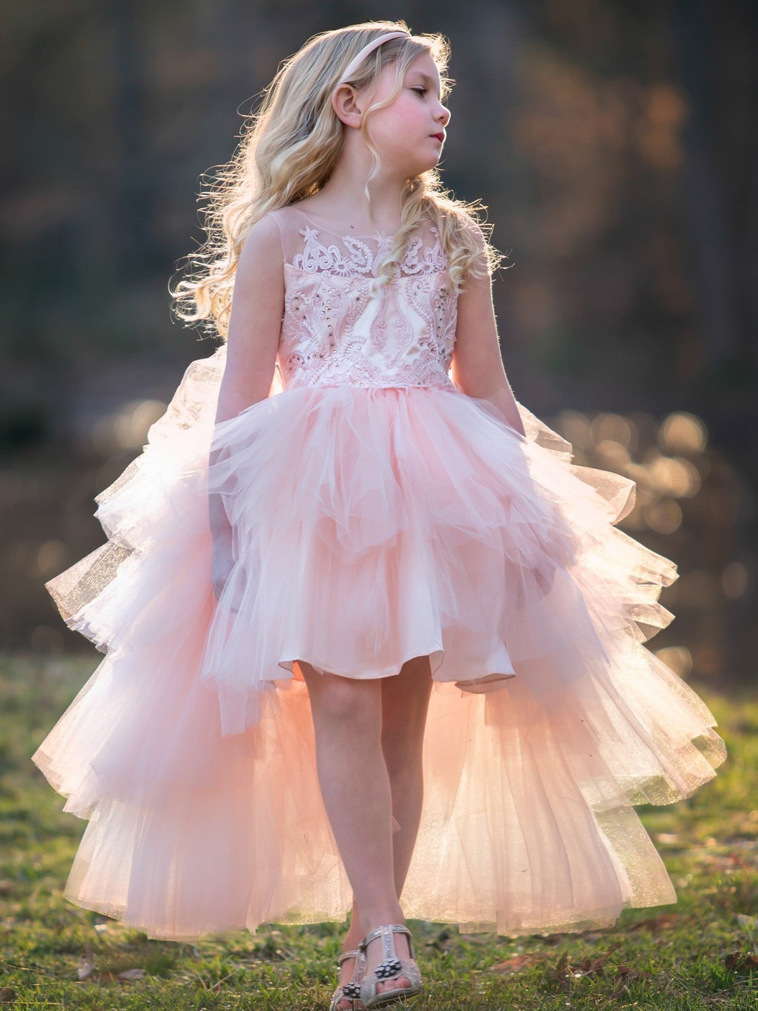 Big Girls Blush Beaded Hi-Low Ruffle Abella Special Occasion Dress - Sizes 8-12 | Elegant Party Gown for Weddings, Prom & Formal Events