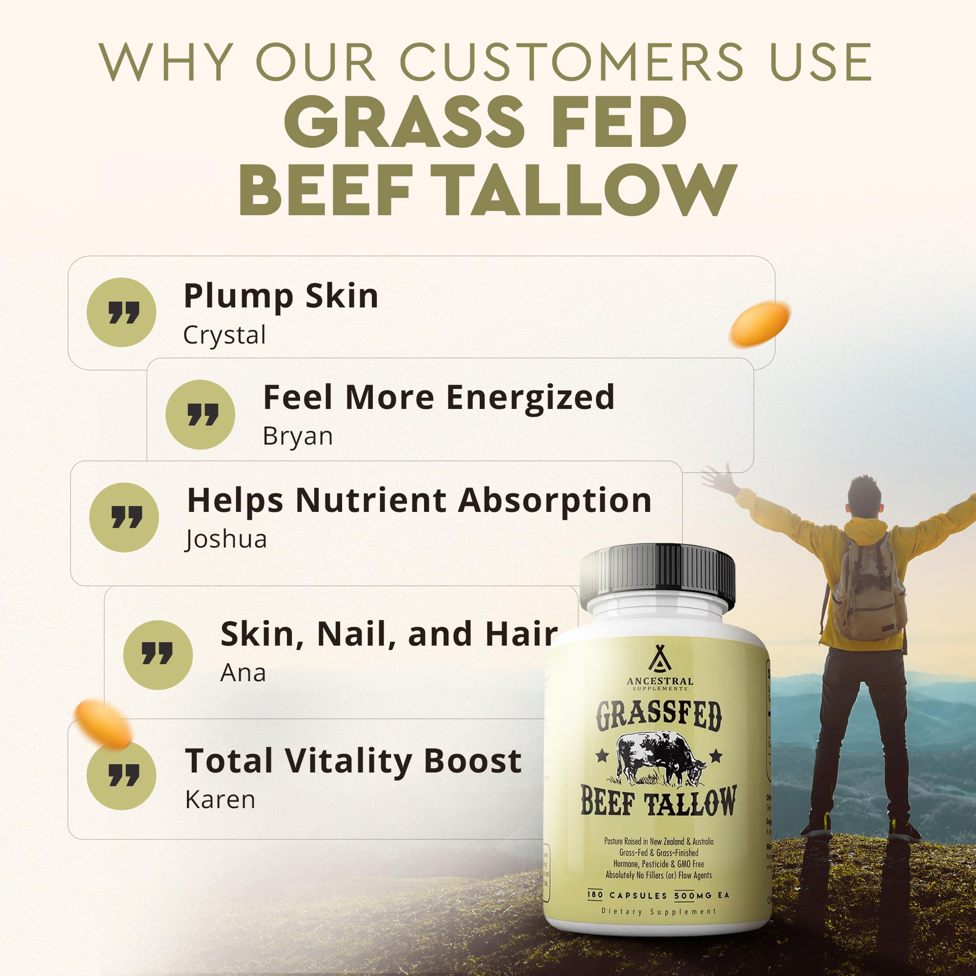 Ancestral Supplements Grass Fed Beef Tallow Capsules 3000mg - Natural Kidney Fat Supplement for Bone, Teeth, Gum & Skin Health - Supports Immune System & Overall Wellness - Non-GMO, 180 Capsules - Ideal for Keto, Paleo & Ancestral Diet Lovers