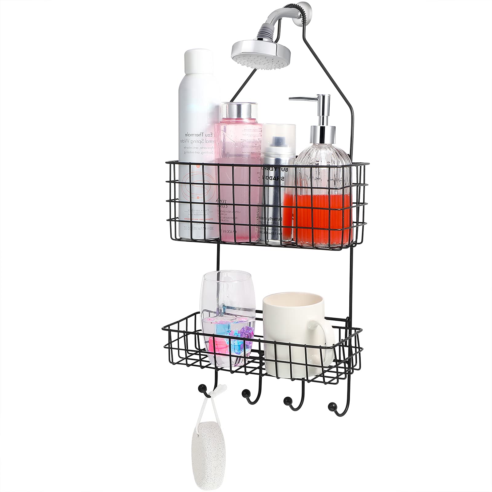 **Detachable Hanging Shower Head Organizer & Caddy - Black Bathroom Storage Rack for Toiletries, Shampoo, and Soap - Perfect for Small Spaces, Apartments, and RV Showers**