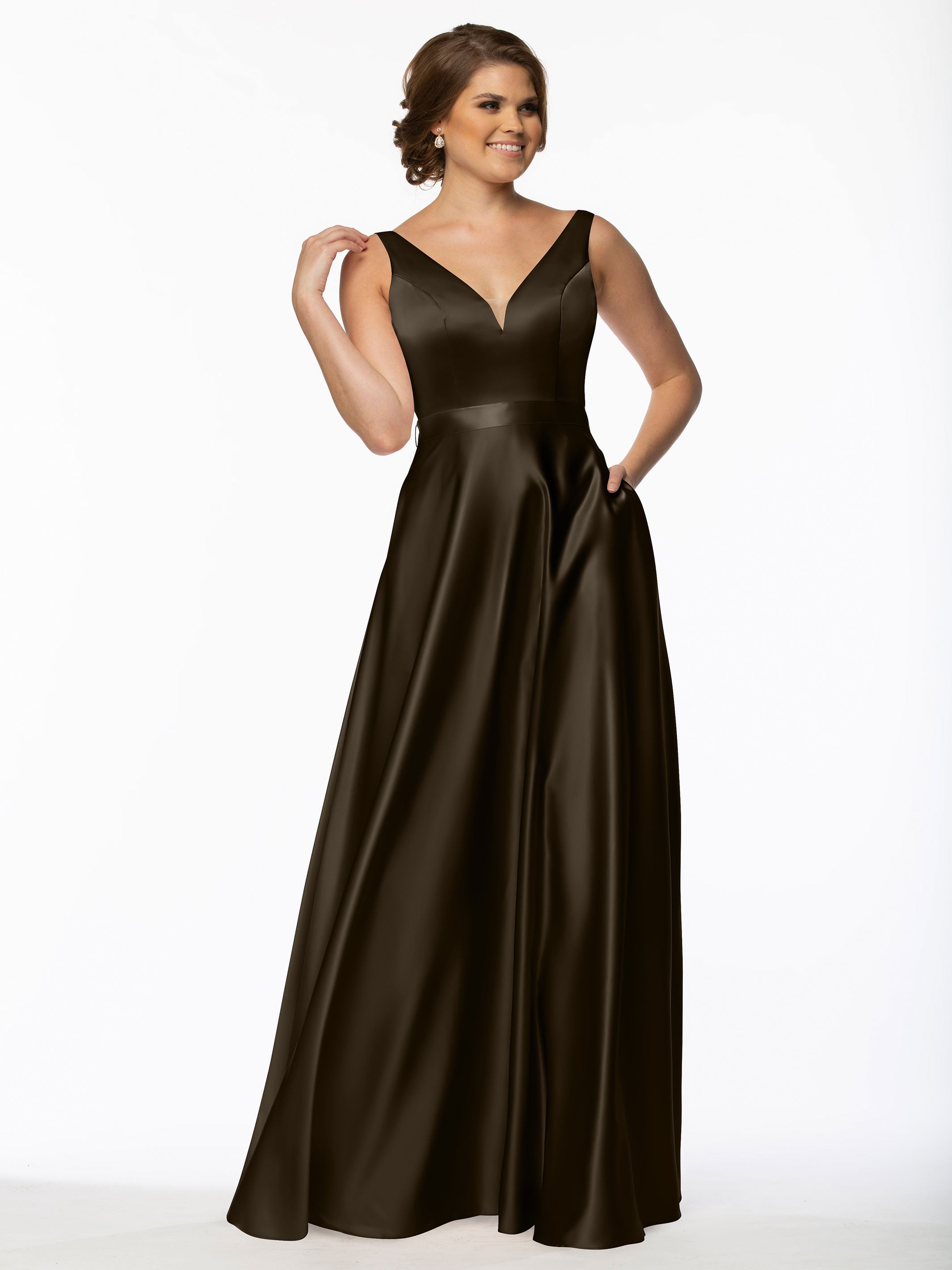 Elegant 80118 Satin A-Line Bridesmaid Dress with V-Neckline & Waist Sash - Perfect for Weddings, Formal Events & Special Occasions