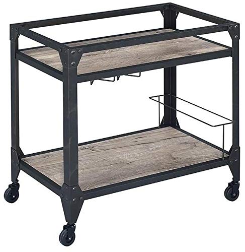 Rustic Oak & Charcoal Bar Cart - Kitchen Serving Cart with Wheels for Wine, Beverages & Dining Essentials | Perfect for Home Bar, Kitchen Storage & Party Serving