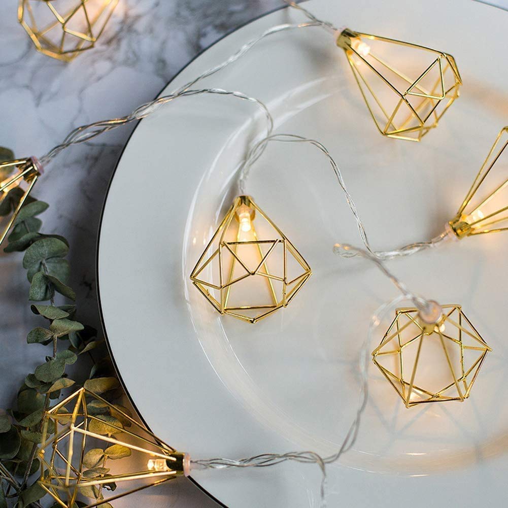 20 LED Gold Metal Geometric String Lights - Battery Operated Fairy Lights for Indoor Decor | Perfect for Christmas, Weddings, Bedroom, Birthday Parties & Home Decoration (Diamond Shape)