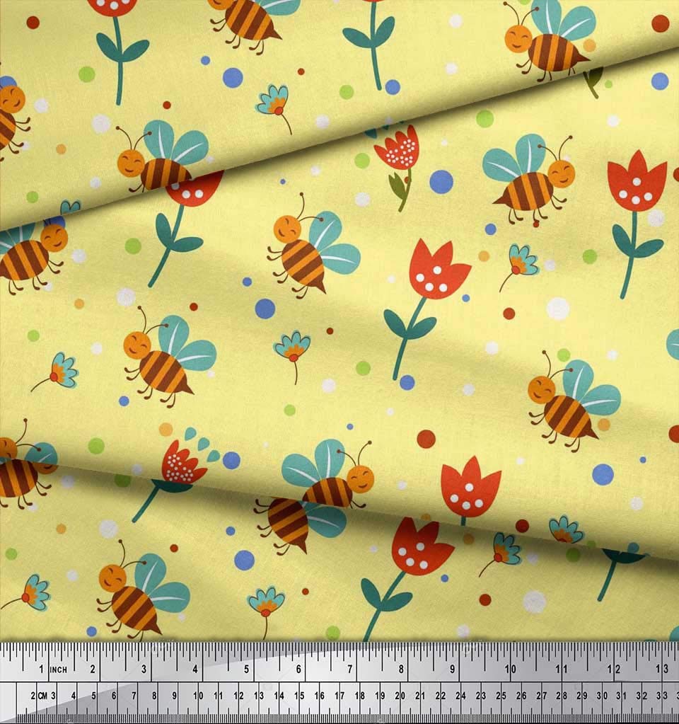 Soimoi Viscose Chiffon Yellow Fabric - Floral Honey Bee Print - for Dresses & Scarves