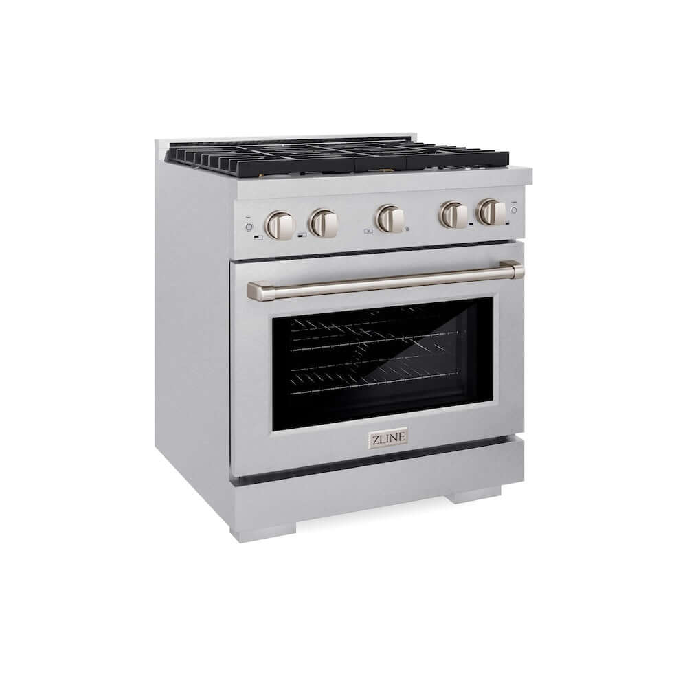 ZLINE 30-inch 4.2 cu. ft. Dual Fuel Range with Gas Cooktop & Electric Convection Oven - Satin Stainless Steel with 4 Brass Burners (SDRS BR 30) | Perfect for Modern Kitchens, Home Chefs & Professional Cooking