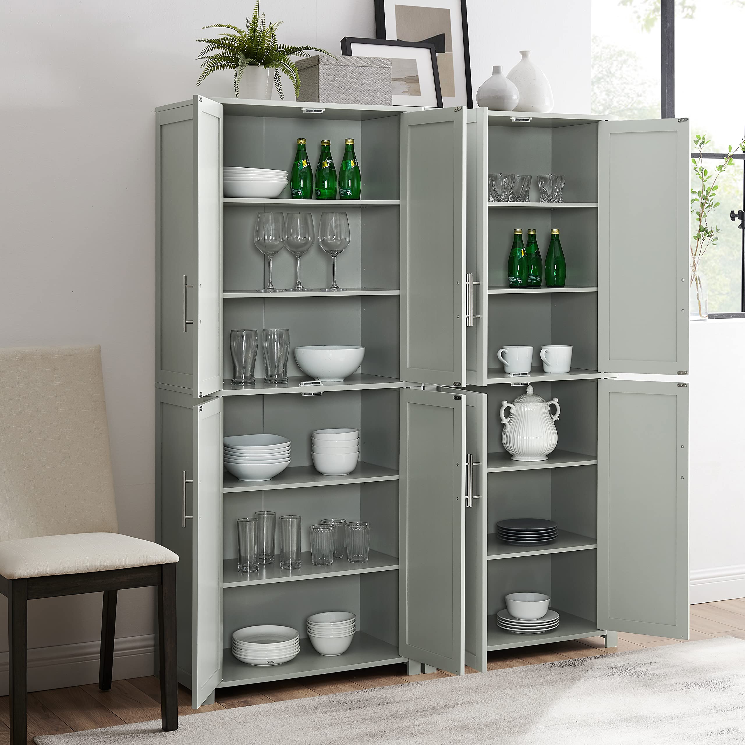 Crosley Furniture Savannah 2-Piece Pantry Storage Cabinet Set with Adjustable Shelves - Gray Kitchen Organizer for Pantry, Dining Room & Laundry Room Storage Solutions | Perfect for Small Space Organization & Home Decluttering
