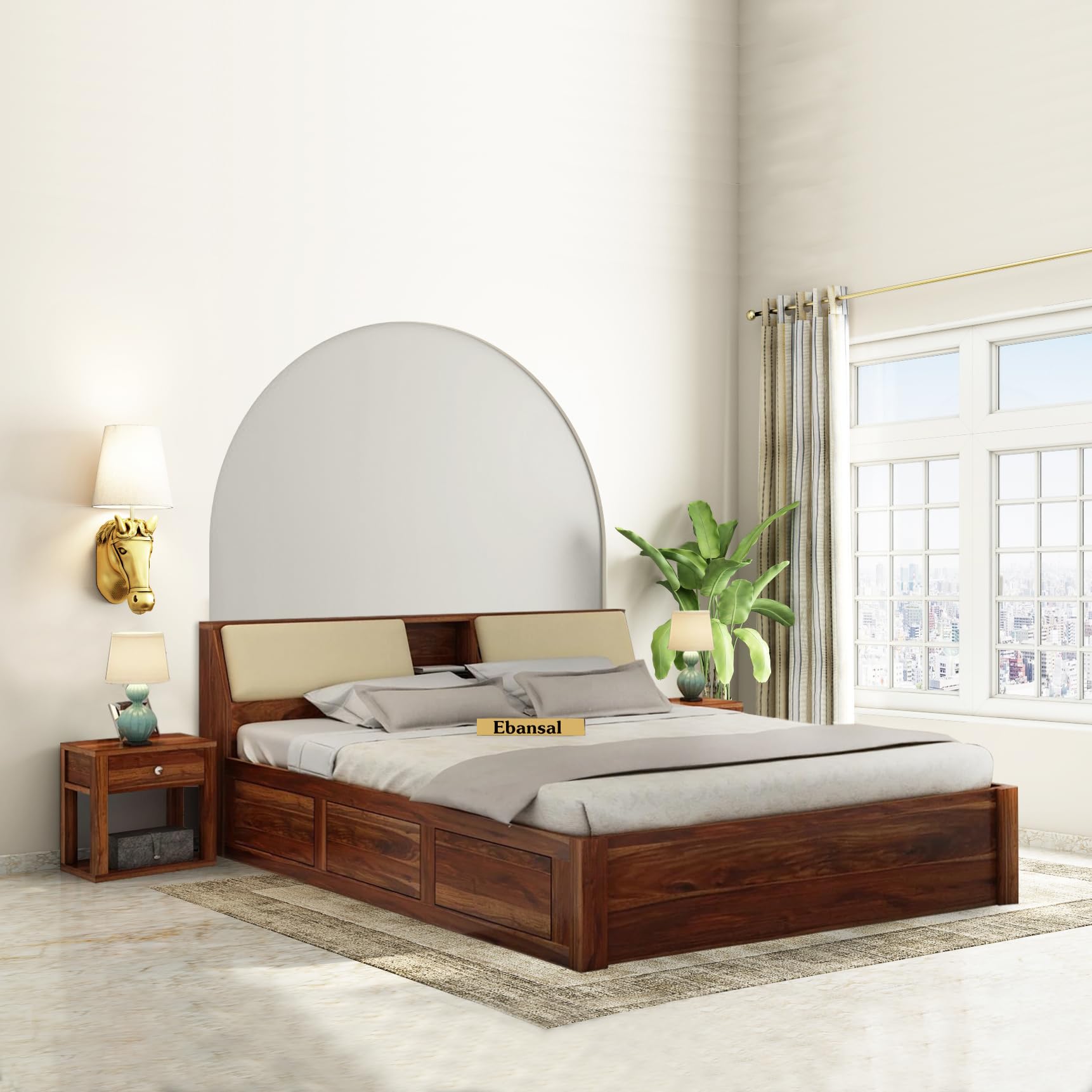 EBANSAL Solid Sheesham Wood Queen Size Bed Frame with Storage Headboard & Underbed Box | Honey Finish Wooden Double Bed for Master Bedroom | Perfect for Modern, Rustic & Farmhouse Home Decor