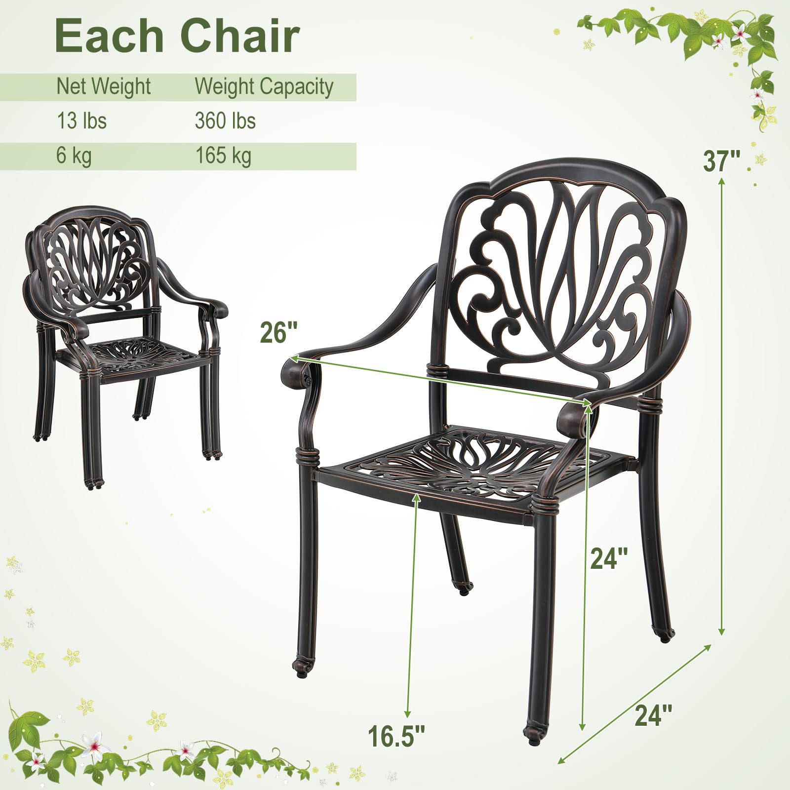 Tangkula Set of 2 Stackable Cast Aluminum Patio Dining Chairs with Armrests - Bronze Outdoor Bistro Chairs for Balcony, Backyard, Garden - Perfect for Outdoor Dining, Lounging & Entertaining