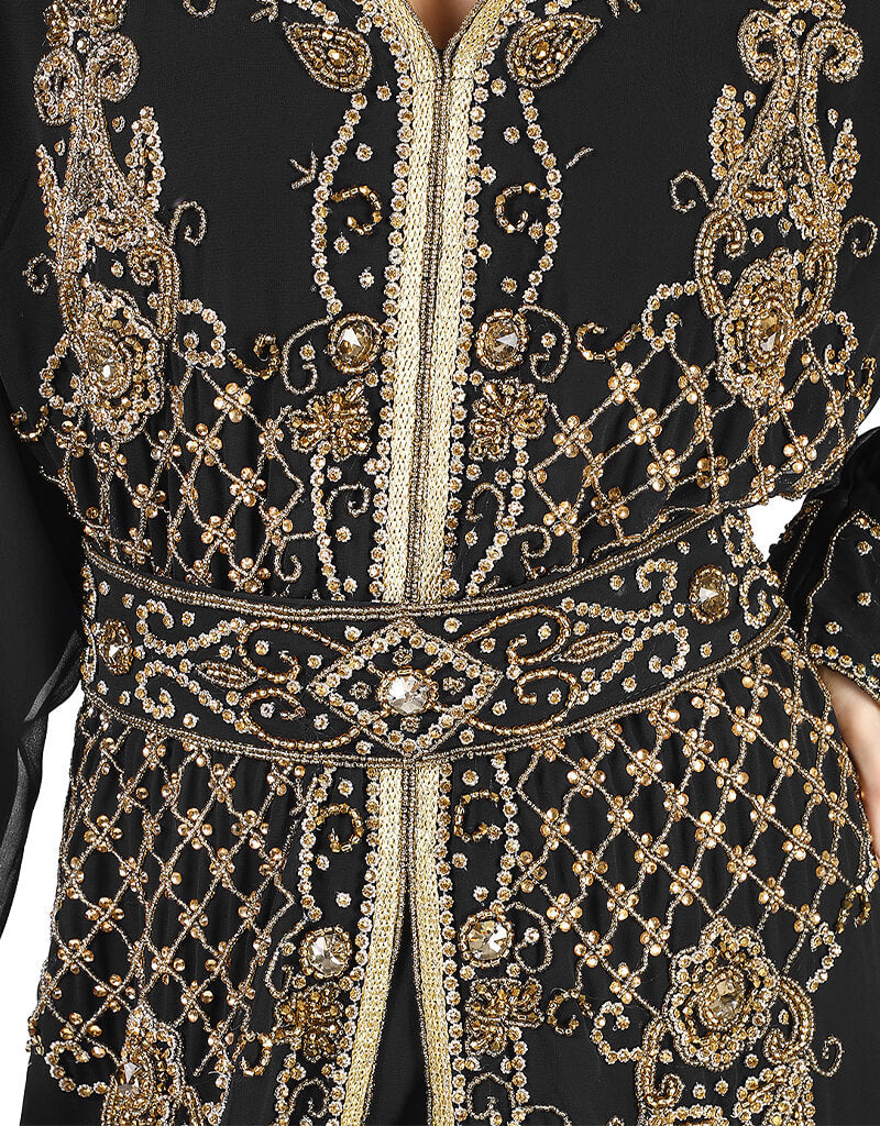 Elegant Black Georgette Kaftan with Hand Zari Embroidery - Perfect for Parties, Weddings & Special Occasions