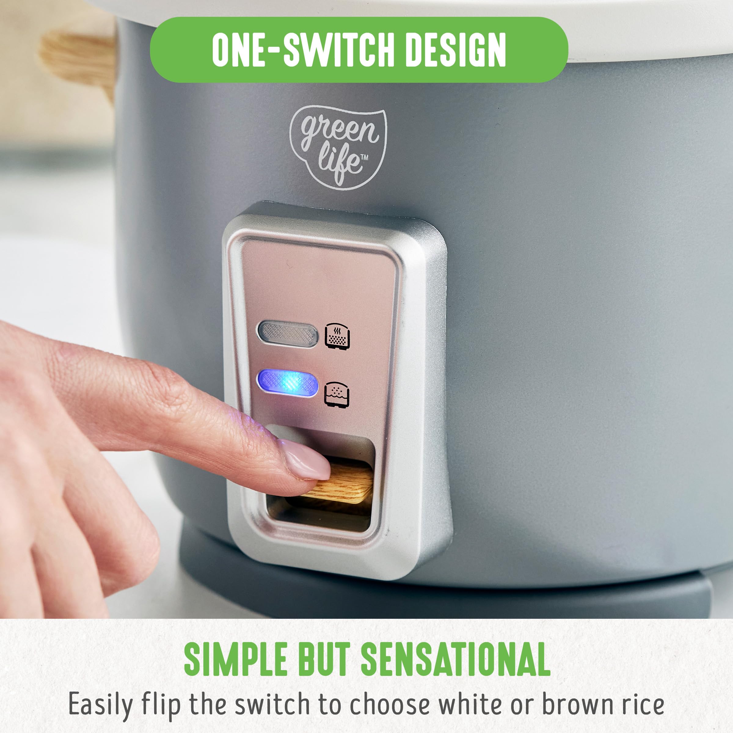 GreenLife Electric Rice Cooker Steamer - 3 Cup Uncooked/6 Cup Cooked Capacity, PFAS-Free Nonstick Removable Pot with Auto Presets | Wood Print Handle, Dishwasher Safe | Includes Measuring Cup & Rice Paddle in Quartz Grey | Perfect for Small Families, Dorm Rooms & Meal Prep