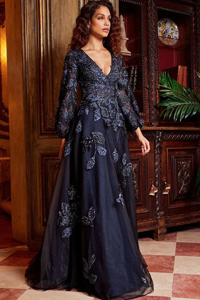 Jovani 09943 Navy Blue Embroidered A-Line Evening Gown for Women | Formal Party Dress | Prom, Wedding, Cocktail & Special Occasions