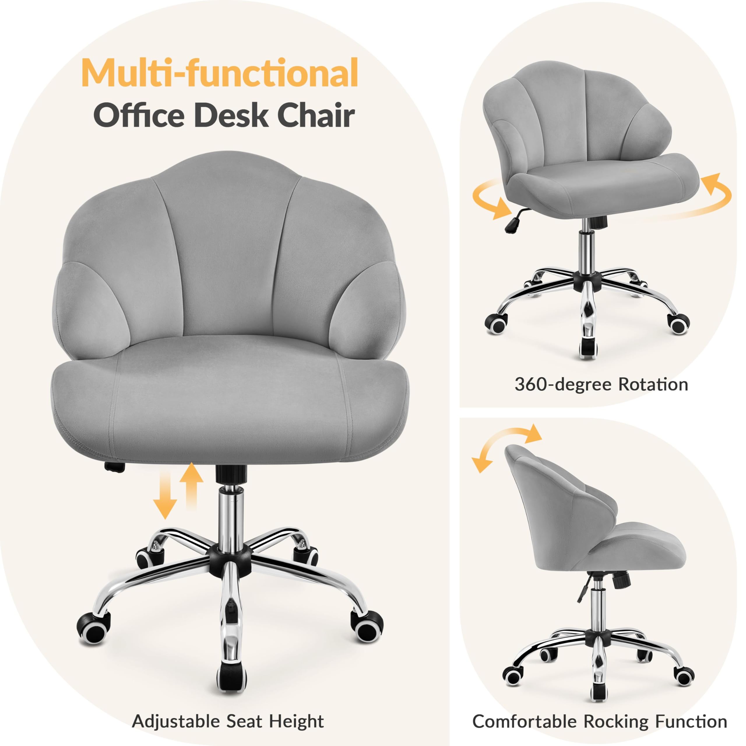 Yaheetech Velvet Swivel Vanity Chair with Wheels - Adjustable Height Home Office Desk Chair with Shell-Shaped Backrest for Bedroom Makeup & Dressing Table (Light Gray) - Perfect for Beauty Salon, Bridal Dressing Room & Home Office Workspace