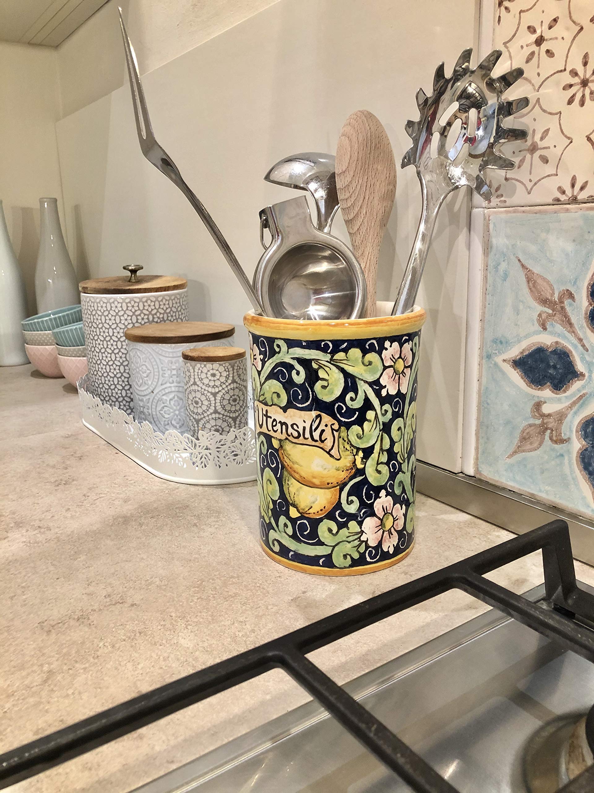 Italian Ceramic Utensil Holder - Hand Painted Lemon Decor Art Pottery from Italy | Kitchen Organizer & Countertop Decor for Home, Restaurant