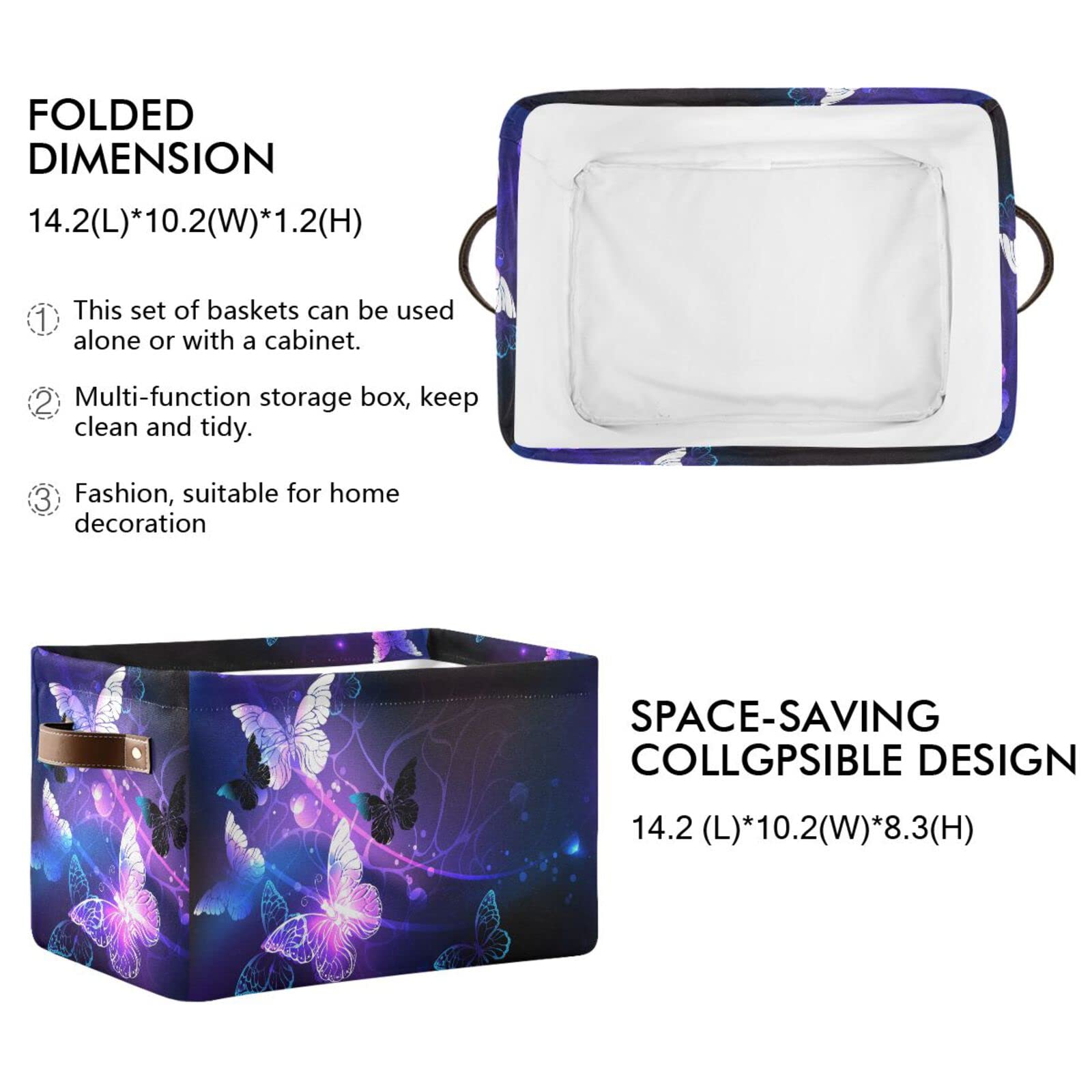 Kigai Purple Butterfly Collapsible Storage Basket with Leather Handle - Rectangle Organizer Bin for Closet, Office, Nursery & Home Decor | Perfect for Shelves, Underbed & Toy Organization