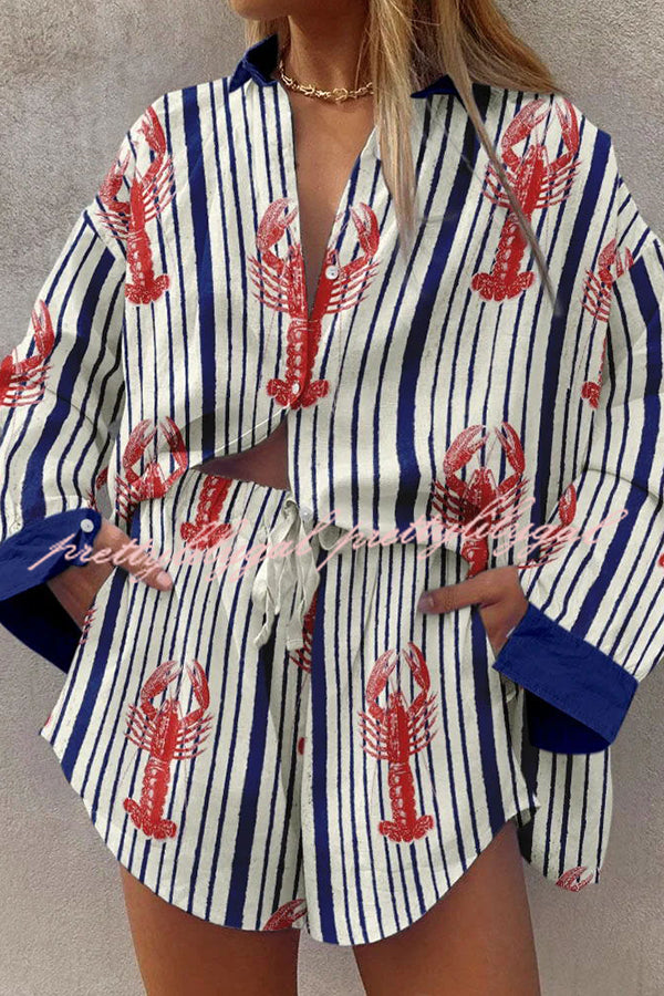 Stylish Lobster Print Button-Up Shirt & Lace-Up Shorts Set for Women - Trendy Summer Outfit for Beach, Vacation, and Casual Wear