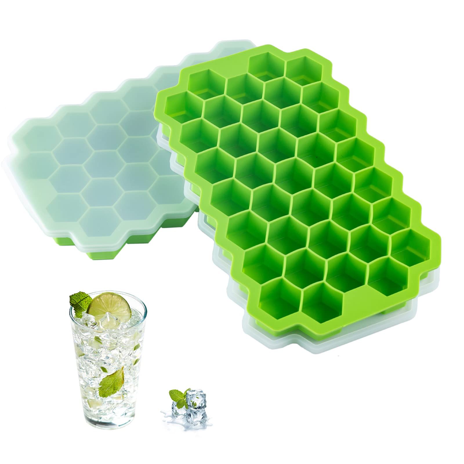 2 PCS Premium Silicone Ice Cube Trays with Lids - Reusable Hexagonal Ice Molds for Whiskey, Cocktails & Chilled Drinks | BPA-Free, 74-Cube Capacity | Perfect for Home Bars, Parties & Everyday Beverages