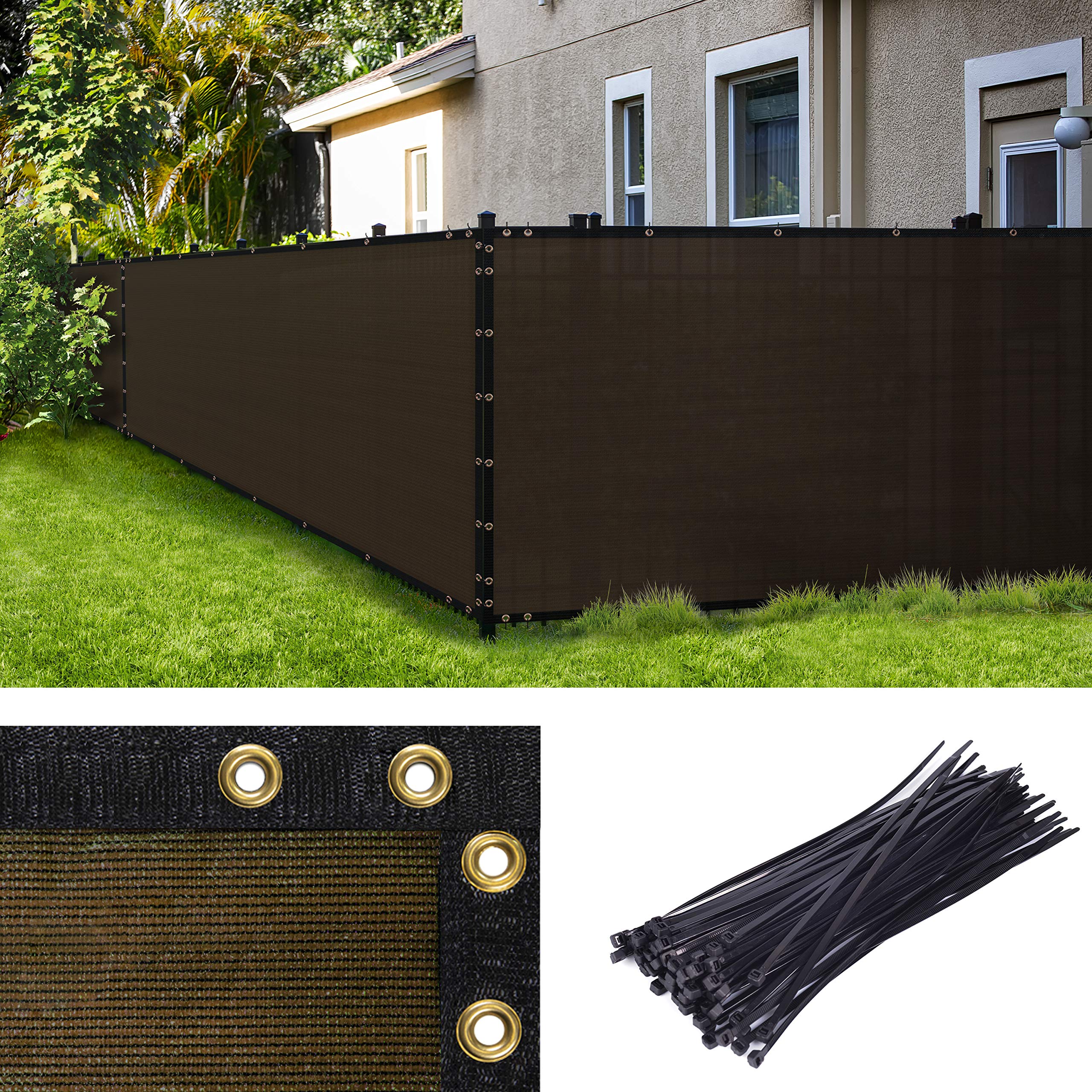 AMGO Heavy Duty 3' x 122' Brown Privacy Fence Screen with Grommets & Bindings - 90% UV Block Windscreen for Commercial & Residential Use - Includes Cable Zip Ties (Custom Sizes Available) - Perfect for Backyard Privacy, Garden Protection & Wind Barriers