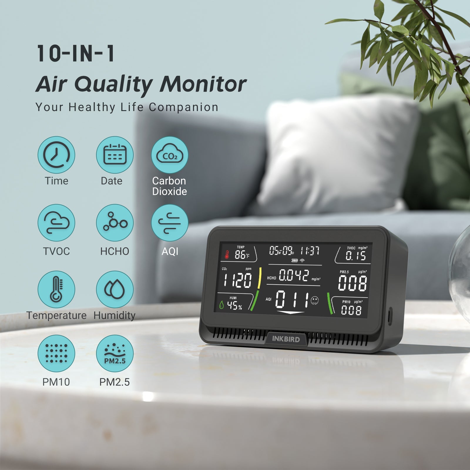 10-in-1 Wireless Air Quality Monitor IAQM 129W - Portable Indoor Air Pollution Detector for Home, Office & Car | Measures PM2.5, CO2, Temperature & Humidity | Real-Time Air Quality Analysis for Healthier Living