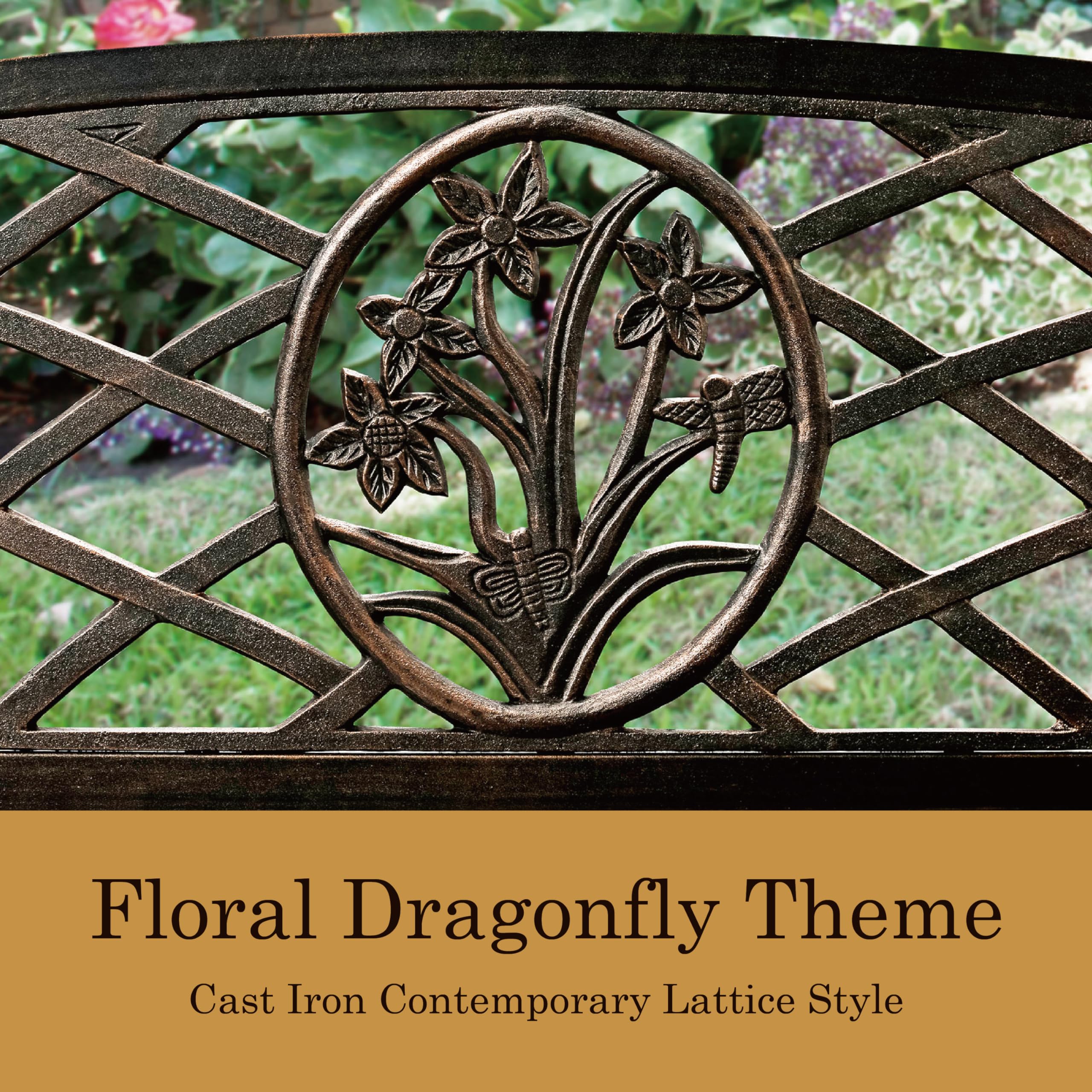 Dolce Contemporary Outdoor Bench with Back - Steel Patio Chair with Floral Dragonfly Design, Lattice Style - Bronze Garden Furniture for Backyard, Front Porch, Lawn (Perfect for Relaxing in Your Outdoor Space)