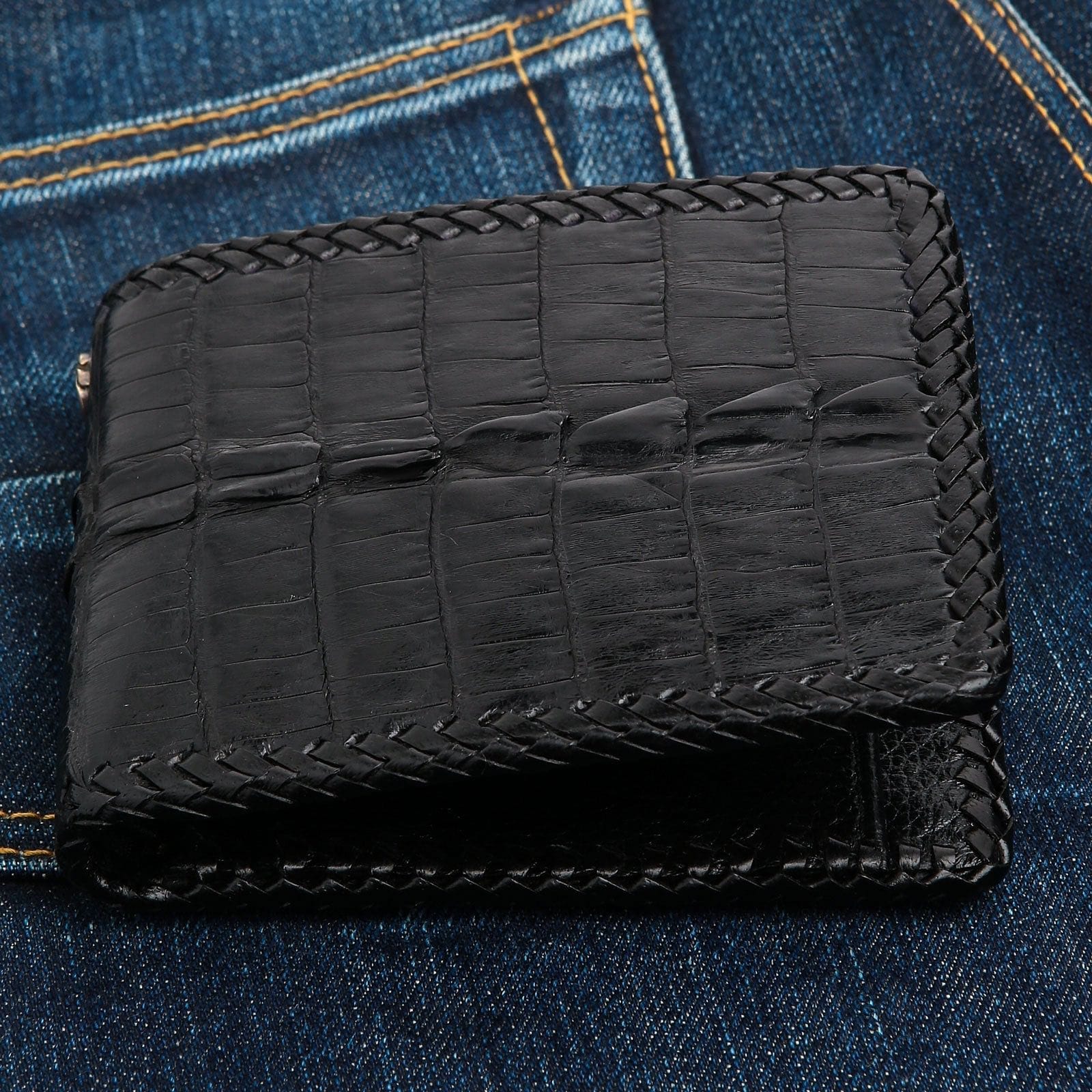 Black Crocodile Leather Biker Wallet for Men - RFID Blocking Slim Wallet with Money Clip - Perfect for Motorcycle Riders, Travel & Everyday Use