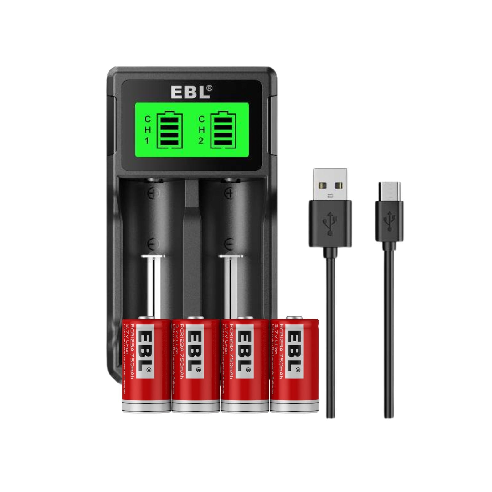 EBL 4-Pack 16340 RCR123A 3.7V 700mAh Rechargeable Lithium Batteries with Smart Charger - Perfect for Flashlights, Cameras & Electronic Devices
