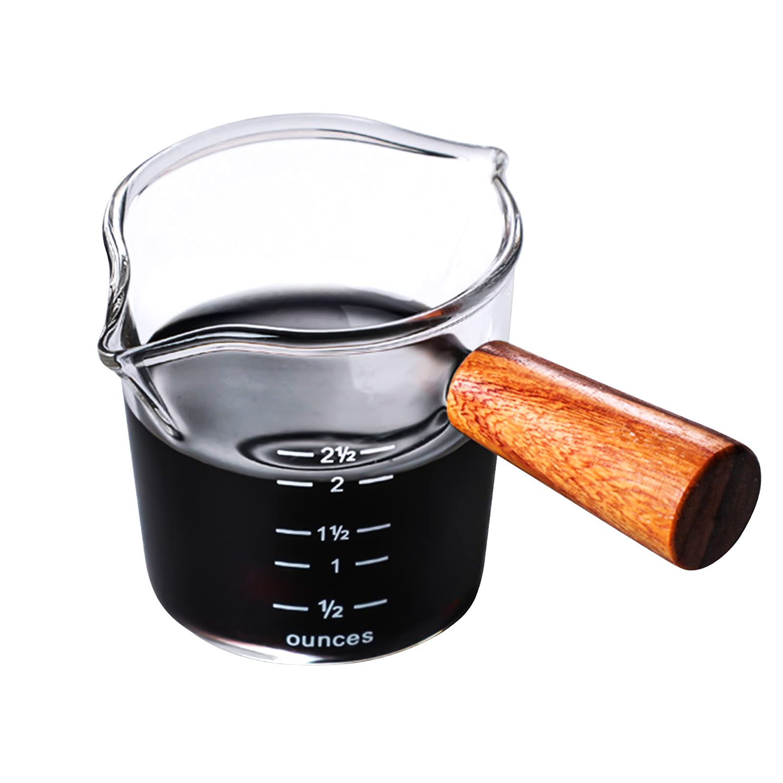 Heat-Resistant Double Spout Measuring Cup with Wooden Handle - 3.5oz Mini Espresso Shot Glass for Milk, Coffee, Tea, Wine & Cocktails | Perfect for Barista, Home Brewing & Mixing Drinks