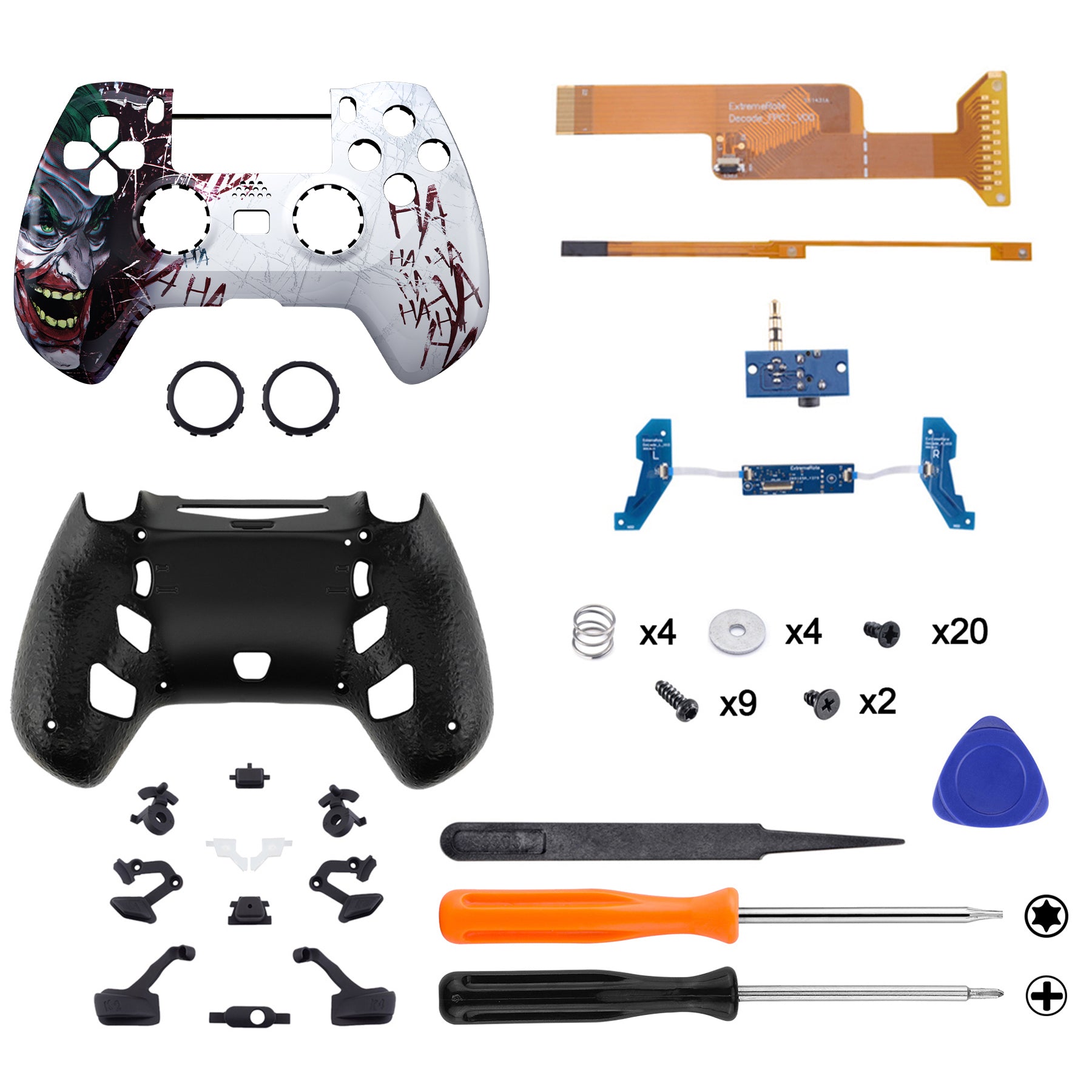 eXtremeRate Clown HAHAHA DECADE Tournament Upgrade Kit for PS4 Controller JDM-040/050/055 - Includes Upgrade Board, Ergonomic Shell, Back Buttons & Trigger Stops - Perfect for Competitive Gaming & Esports Tournaments (Controller Not Included) P4MG011