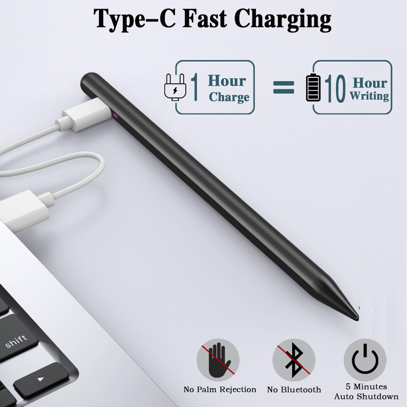 Premium Rechargeable Stylus Pen for iPhone, Samsung, Xiaomi, Huawei, Vivo & Lenovo Tablets - Precision Pom Tip for iOS/Android - Perfect for Note-Taking, Drawing & Digital Art - Black