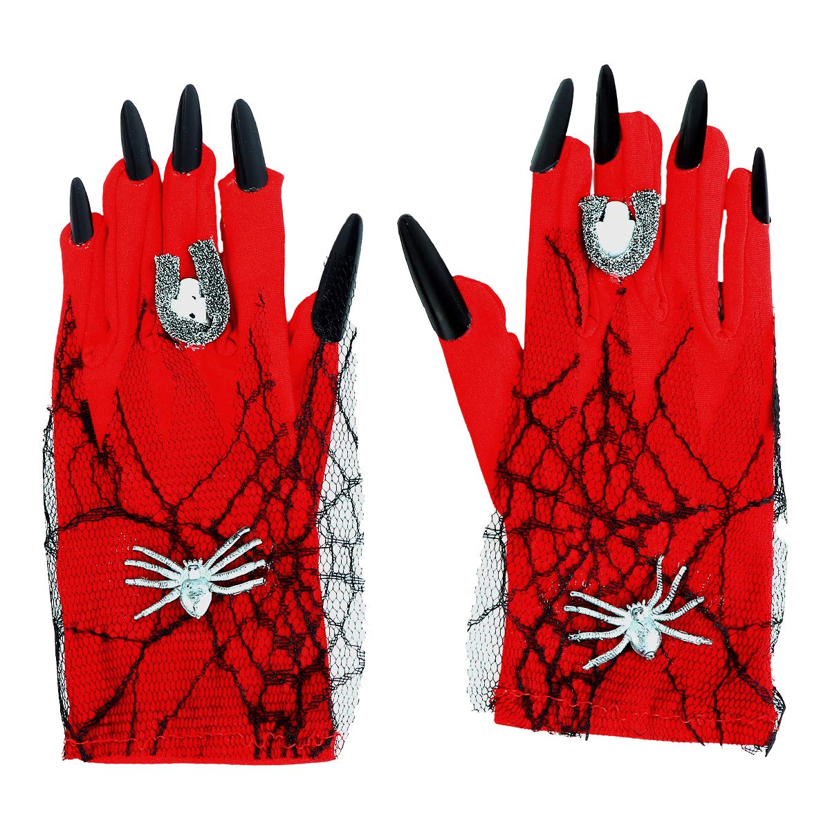 PartyKingdom Scary Witch Claw Skull Gloves - 1 Pair Halloween Costume Accessories for Women & Men (Red) | Perfect for Halloween Parties, Cosplay, Haunted Houses & Spooky Events
