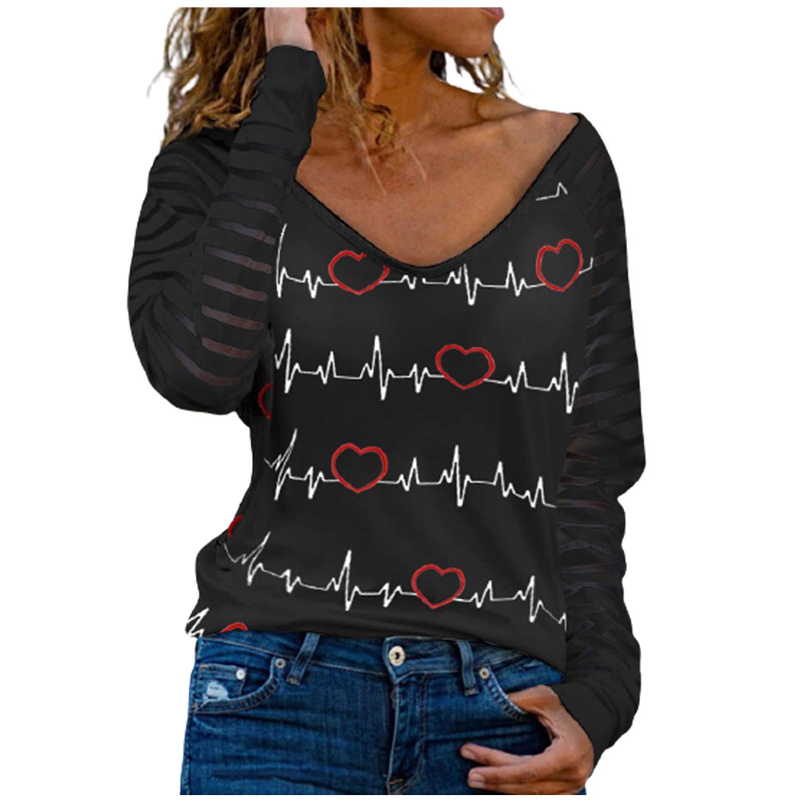 Trendy Women's Long Sleeve Blouses - Casual Printed T-Shirts with Hollow Out & Splicing Design | Perfect for Office Wear, Date Nights & Fall Layering