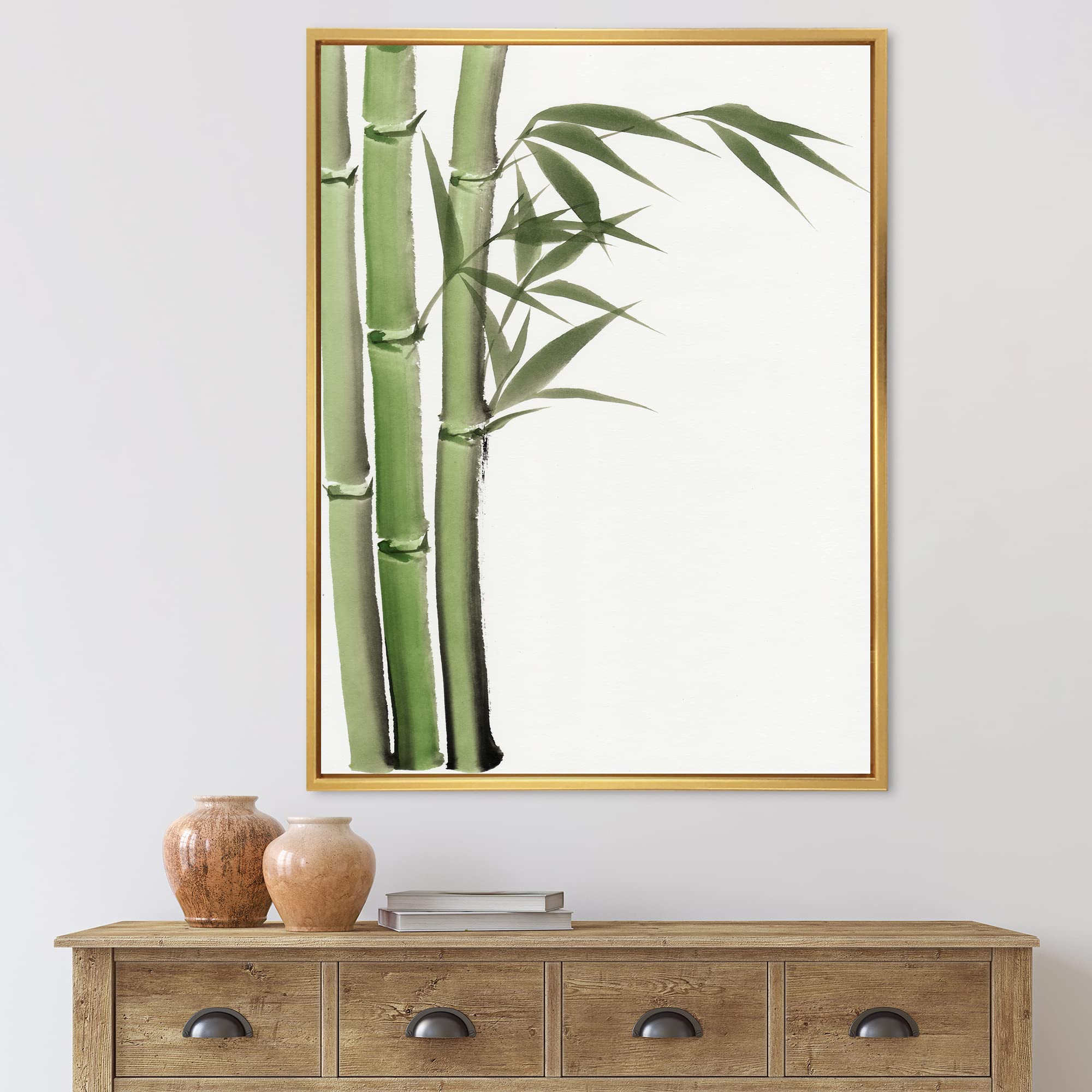 Dark Green Bamboo IV - Traditional Framed Canvas Wall Art Print - Nature Inspired Home Decor for Living Room, Bedroom & Office