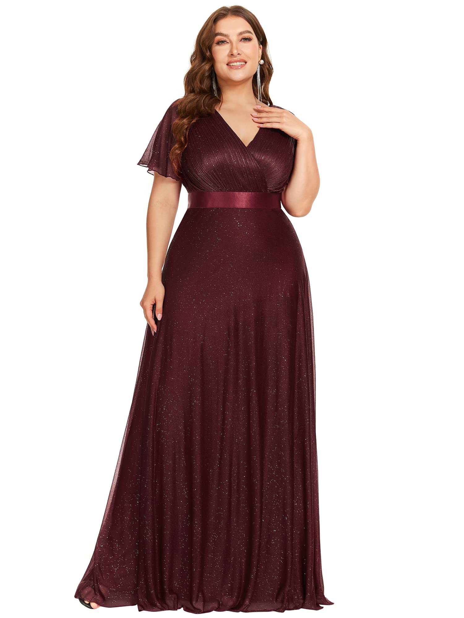 Ever-Pretty Plus Size Women's V-Neck Long Formal Dress with Shimmery Flutter Sleeves - Elegant Evening Gown for Prom, Wedding & Special Occasions (Style 50159)