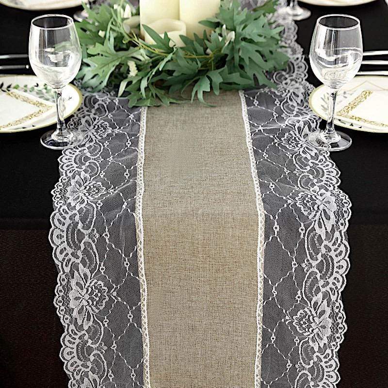 16x108 Faux Burlap with Lace Table Runner - Elegant Farmhouse Dining Decor for Weddings, Parties & Holiday Tablescapes