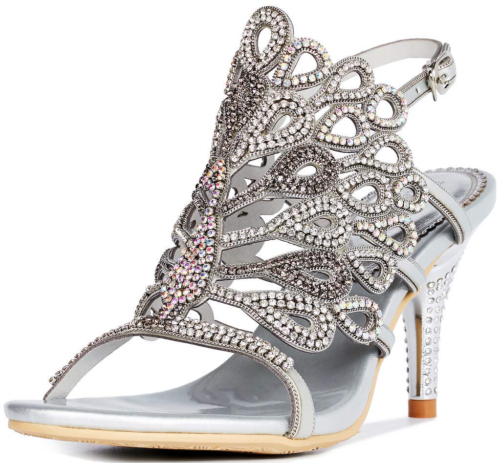 YooPrettyz Women's Rhinestone Peacock Wedding Dress Sandals - Elegant Chunky High Heels for Evening Parties, Prom, Bridal & Special Occasions