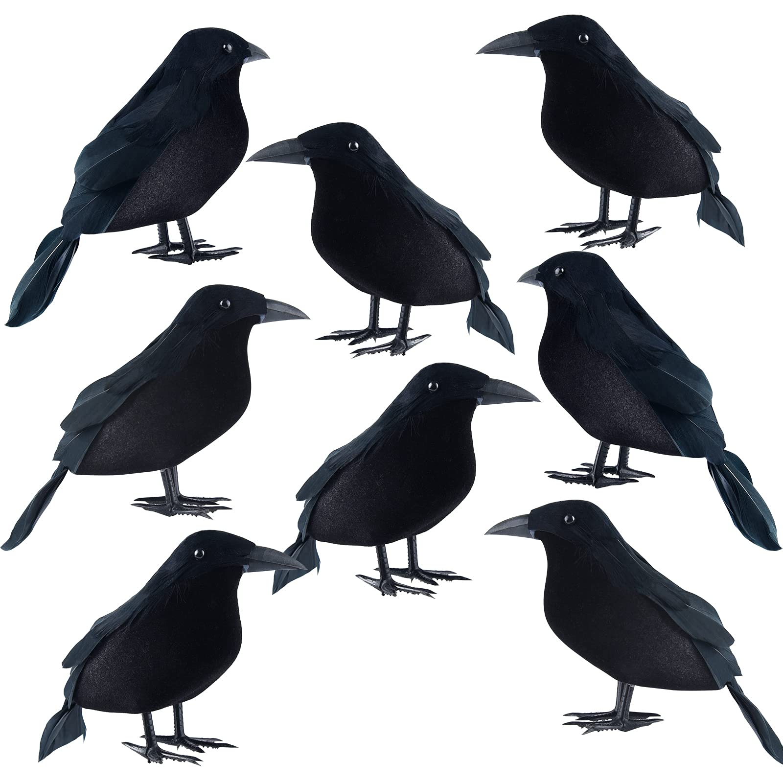 8 Pack Realistic Black Feathered Crow Props - Lifelike Halloween Raven Decorations for Outdoor & Indoor Party, Haunted House, Graveyard, and Themed Events