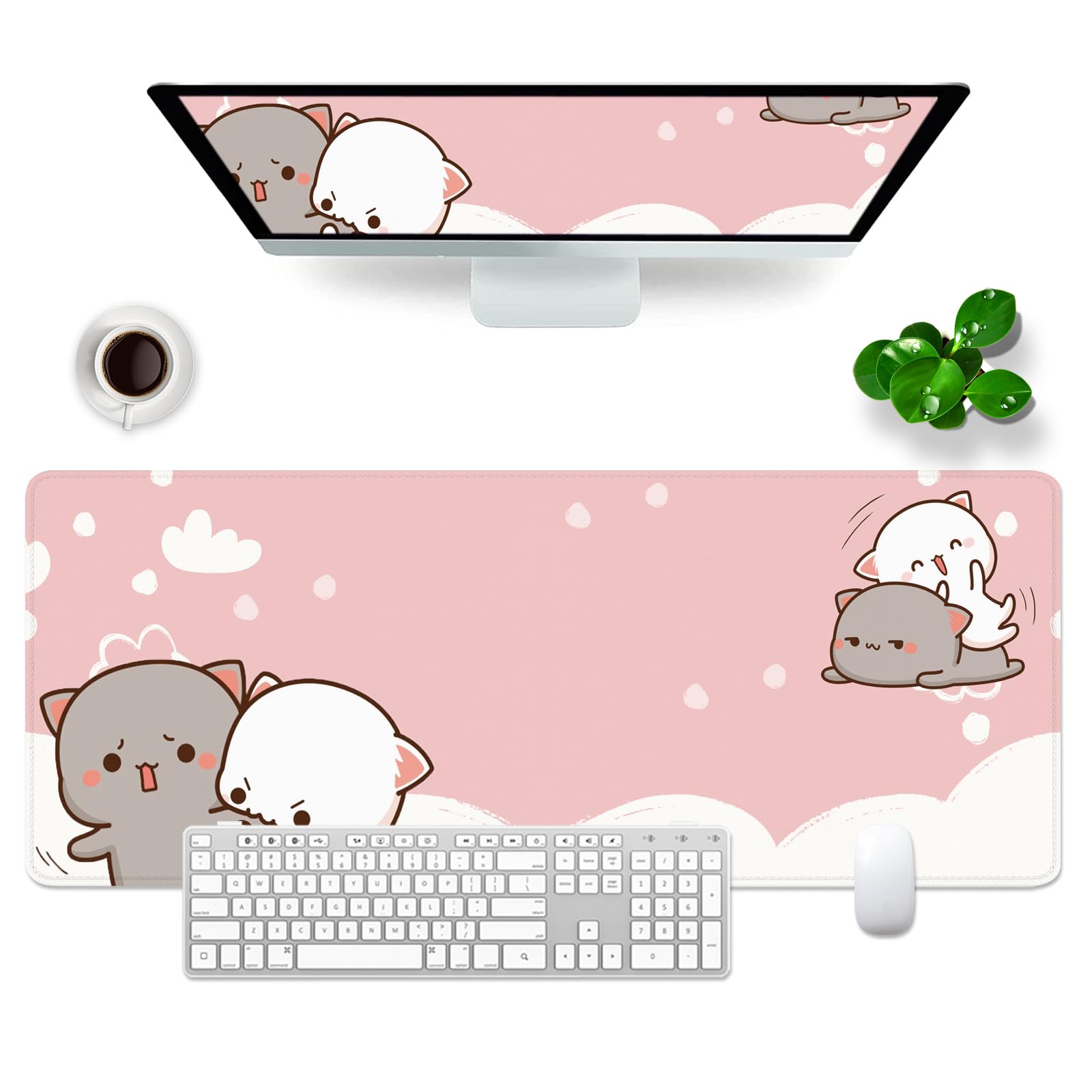 Pink Cat Gaming Mouse Pad - Extra Large 31.5x11.8x0.12 Inch Non-Slip Desk Mat for PC, Laptop, Office & Home - Cute Kawaii Keyboard Pad with Funny Cat Design - Perfect for Gamers, Work & Study Setup
