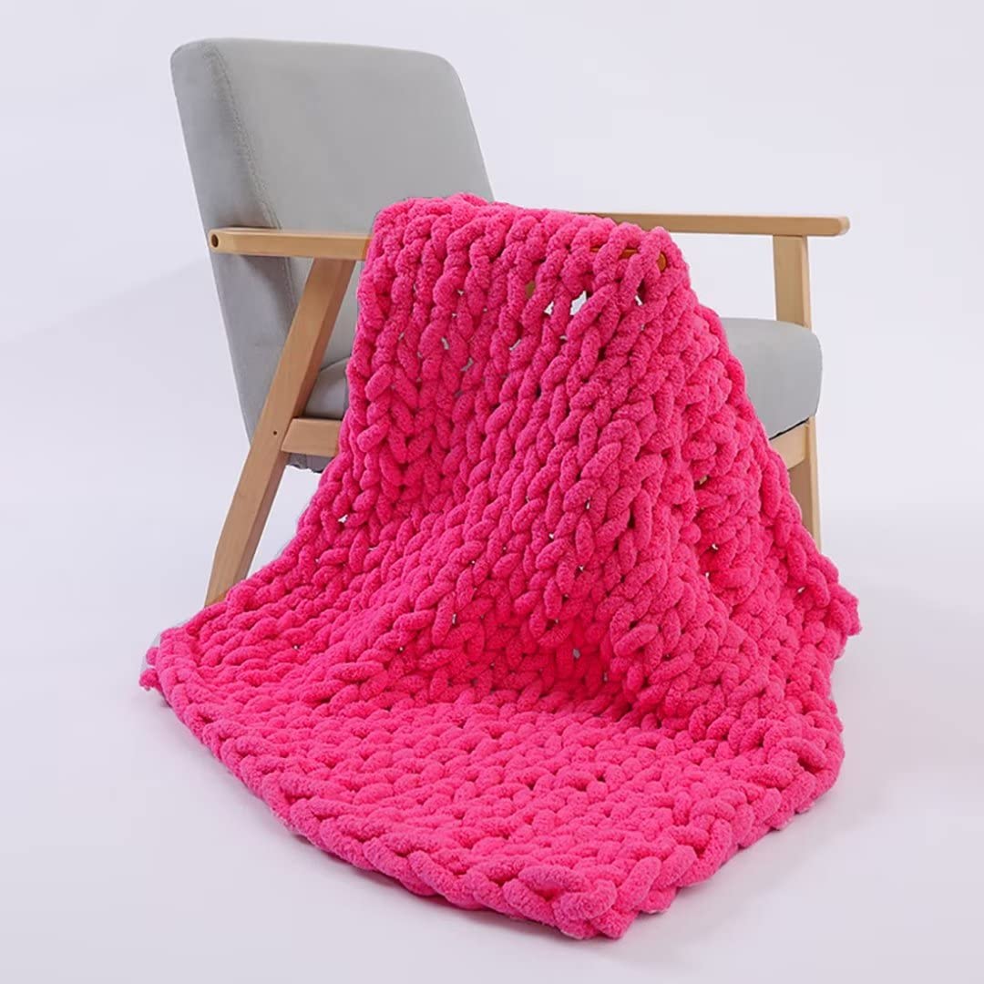 Chunky Knit Blanket Throw - Super Soft Chenille Yarn Knitted Blanket for Couch & Bed - Handmade Crochet Cable Knit Throw - Heavy Weighted Blanket Gift (Dark Pink, 40x79 Inches) - Perfect for Cozy Nights, Home Decor & Winter Warmth