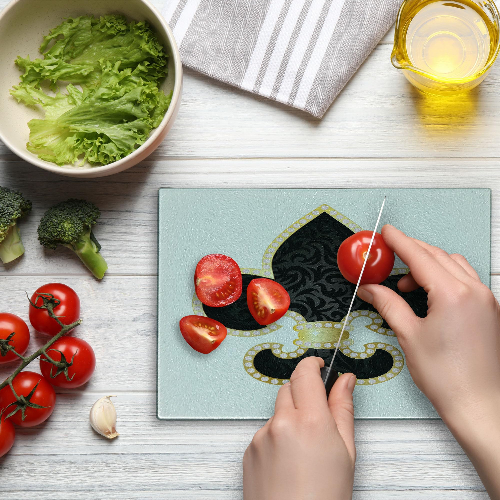 Ambesonne Fleur De Lis Tempered Glass Cutting Board - Royal Lily Throne France Empire Design - Decorative Serving Board for Cheese, Charcuterie & Appetizers - Small Size Yellow Black White - Perfect for Kitchen, Dining & Gifts