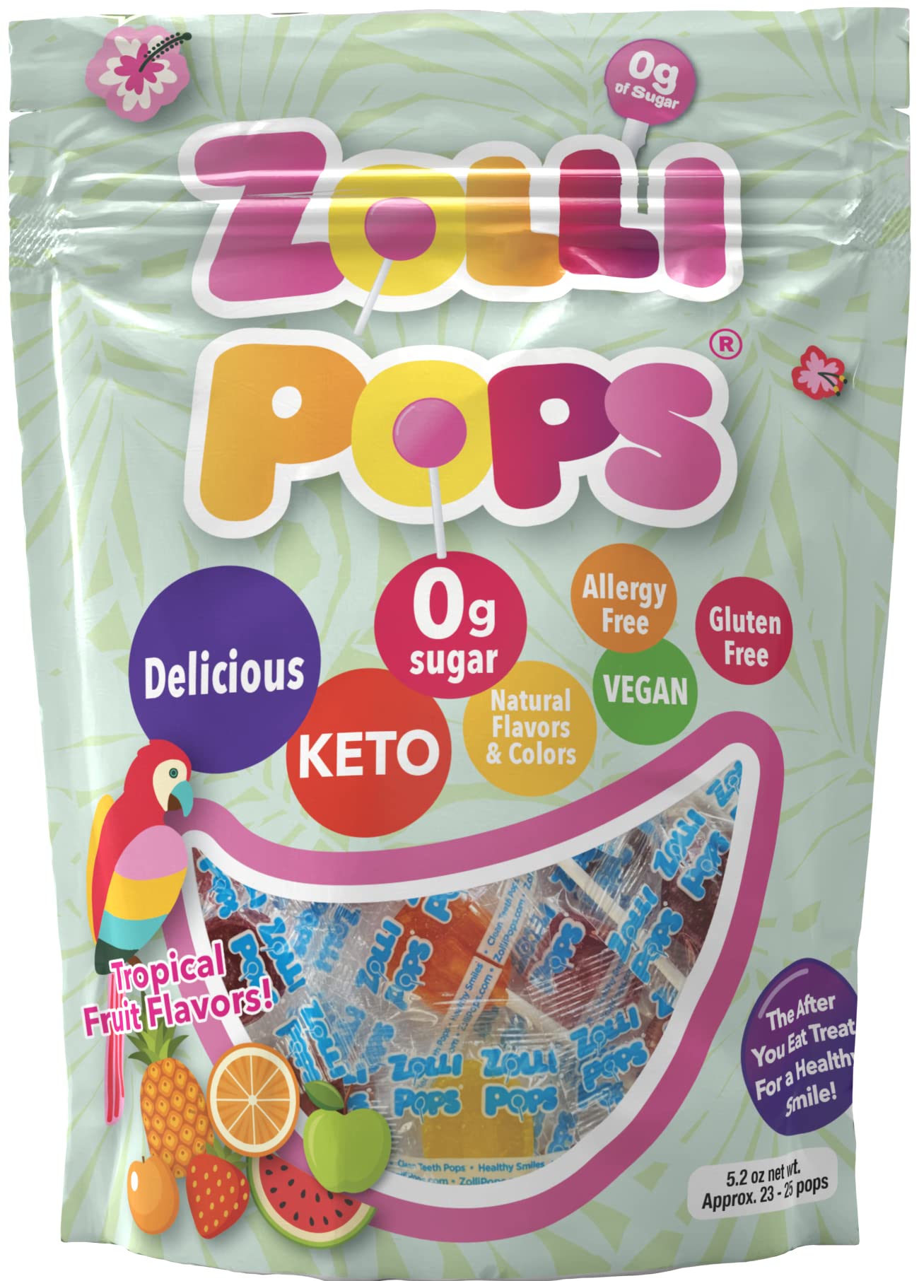 Zollipops Clean Teeth Lollipops - Sugar Free, Anti Cavity, Xylitol Sweetened, Tropical Flavors, 5.2oz (Packaging May Vary) - Perfect for Kids Parties, Halloween Treats & Healthy Snacks